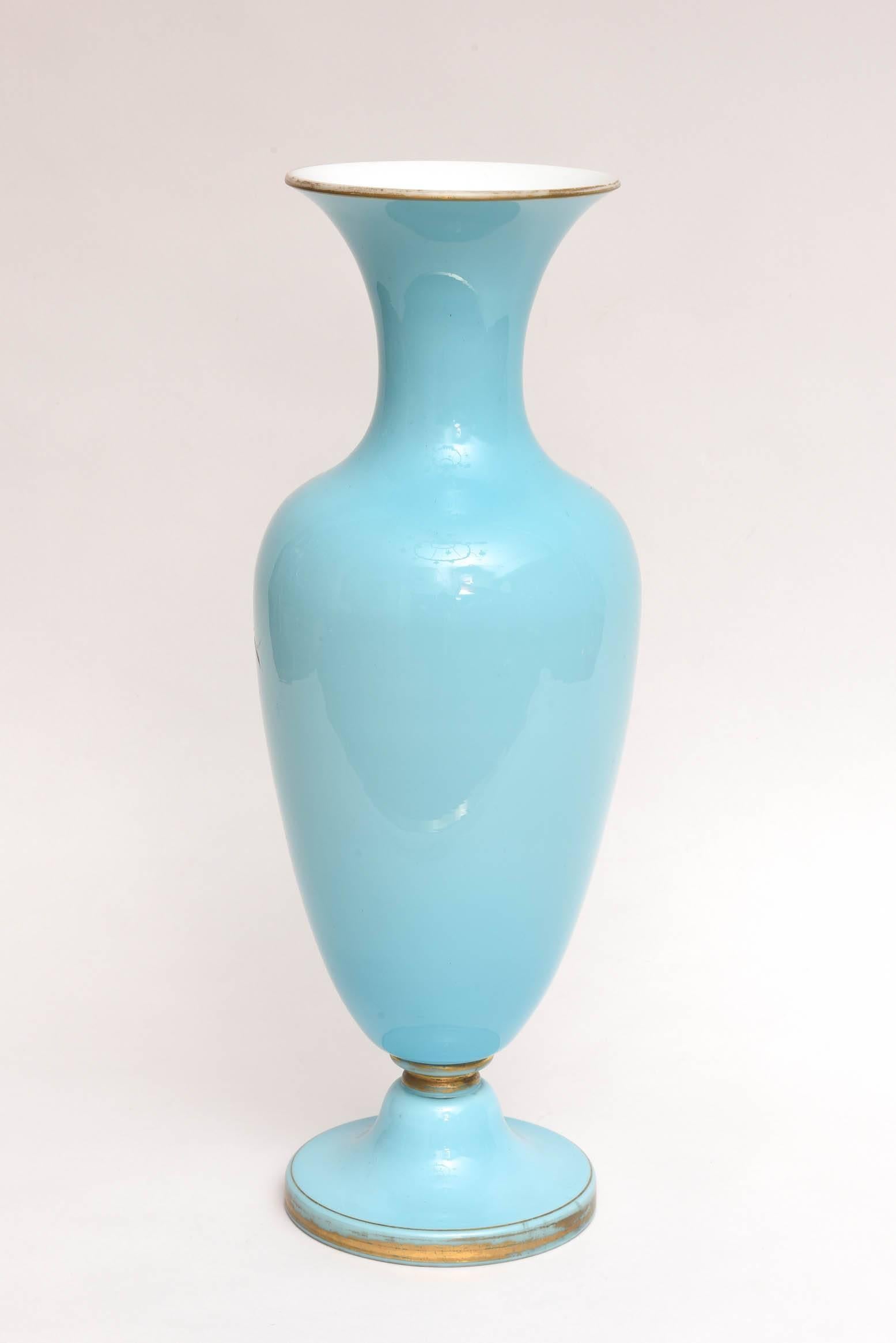 Tall Opaline Glass Vase with Hand-Painted Florals, Attributed to Baccarat In Good Condition In West Palm Beach, FL