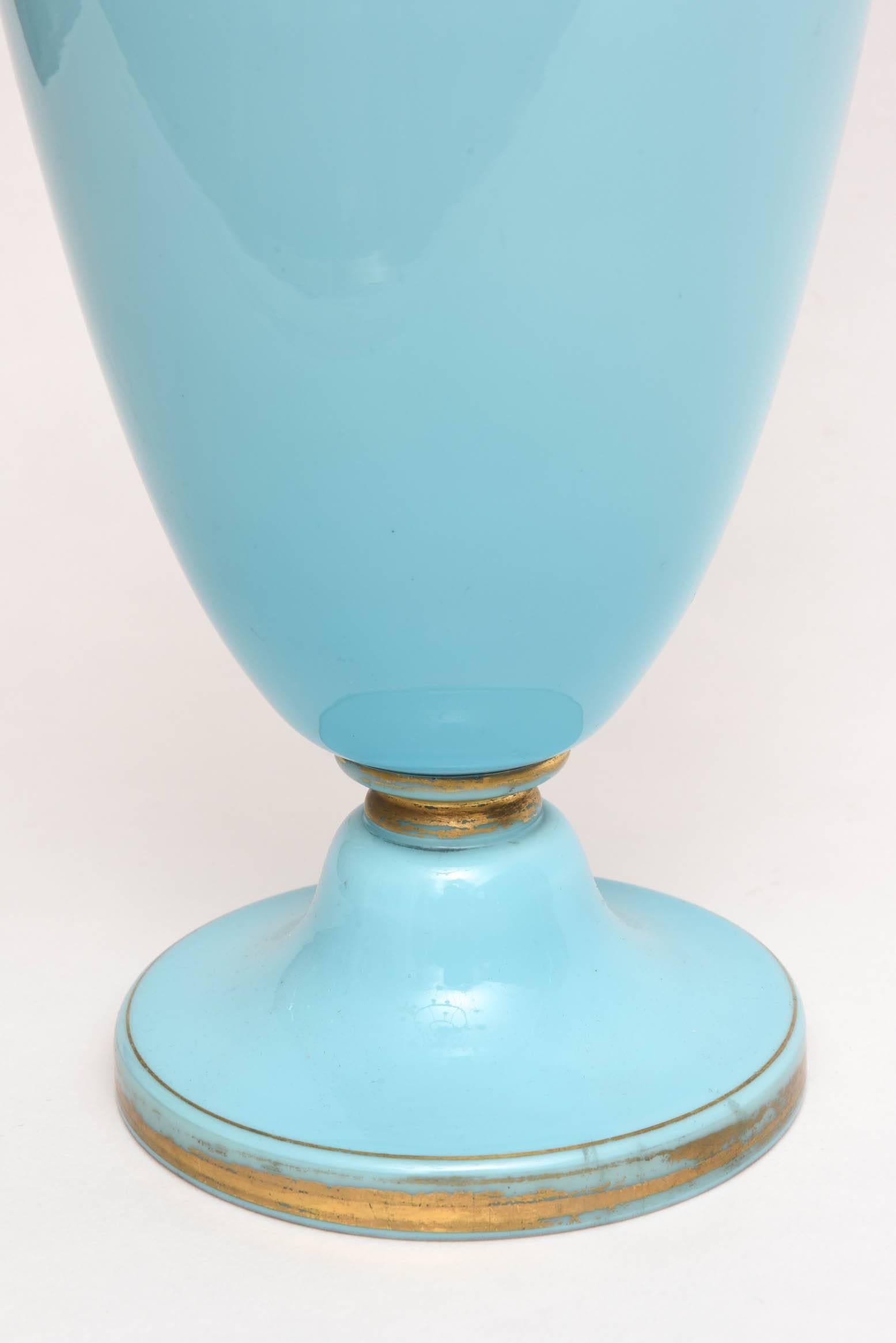 19th Century Tall Opaline Glass Vase with Hand-Painted Florals, Attributed to Baccarat