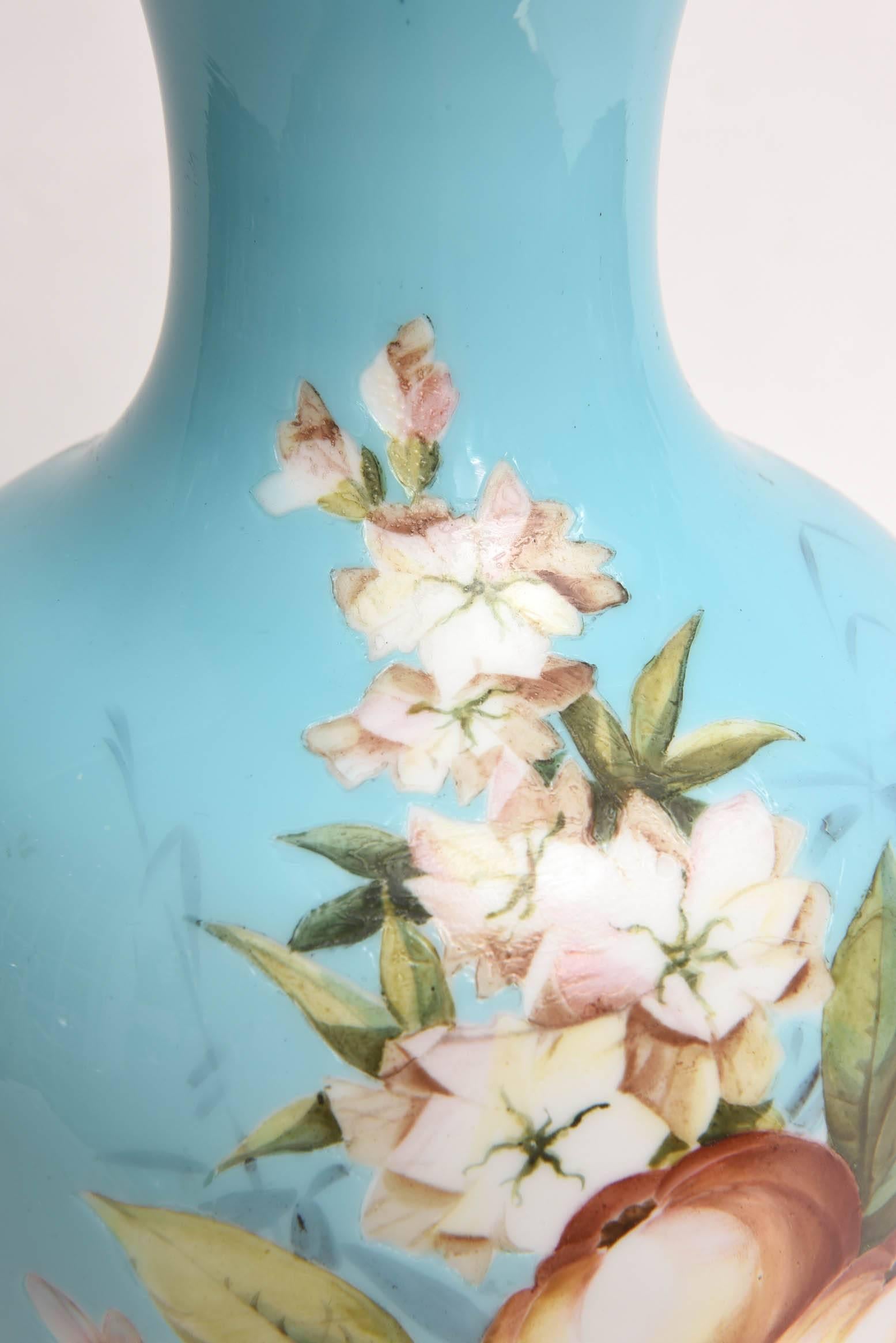 Enamel Tall Opaline Glass Vase with Hand-Painted Florals, Attributed to Baccarat