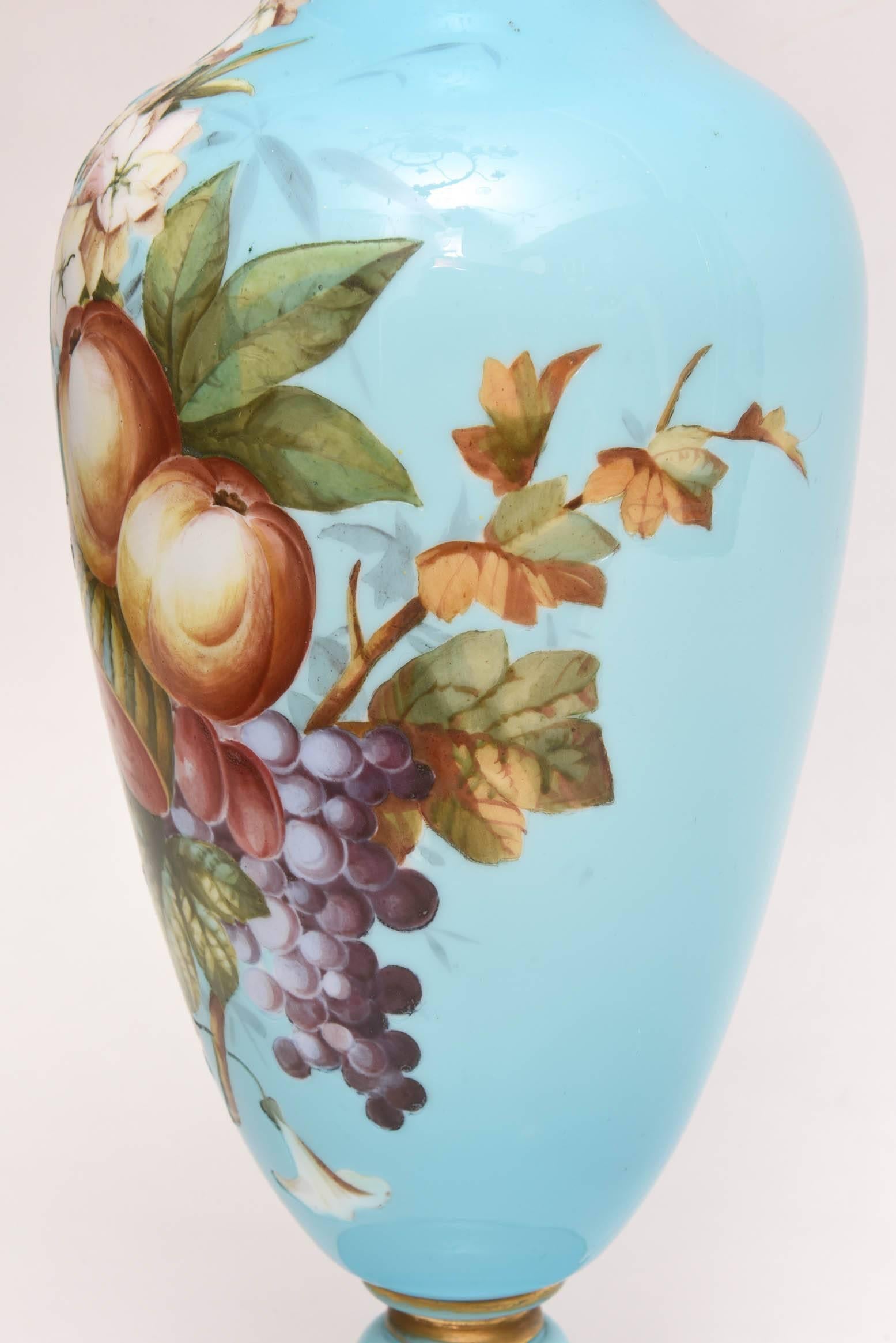Tall Opaline Glass Vase with Hand-Painted Florals, Attributed to Baccarat 2