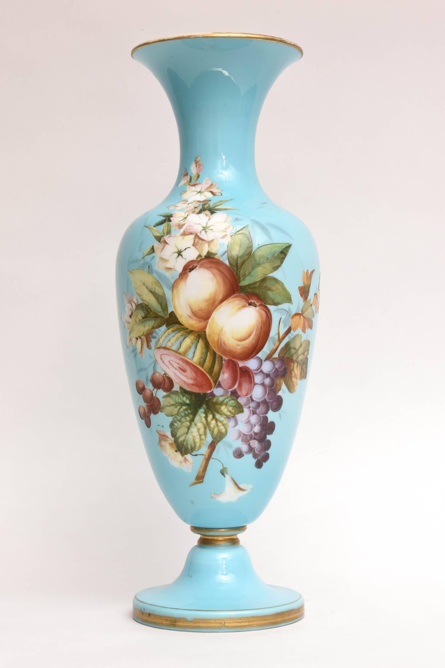 Tall Opaline Glass Vase with Hand-Painted Florals, Attributed to Baccarat 3