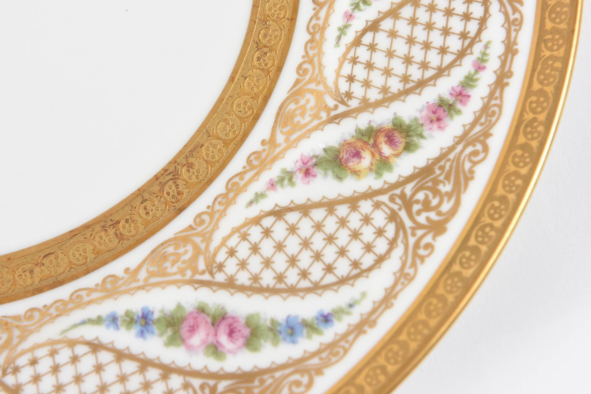 French Antique Limoges Dinner Plates, Set of 11 with Interesting Swirl Flower Design