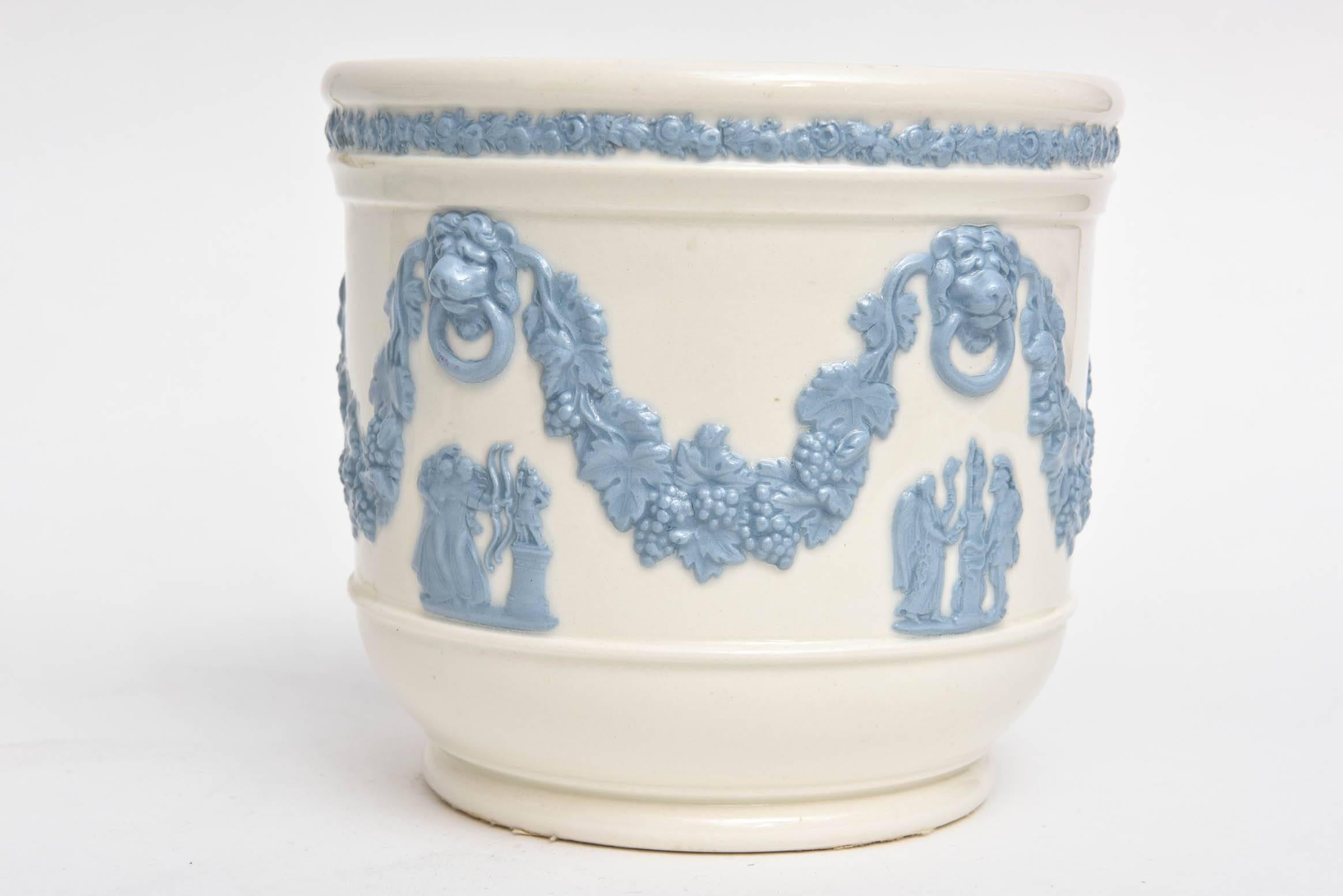 Pair of Wedgwood Blue White Cache Pots, Lion's Head Handles Classical Scenes 1