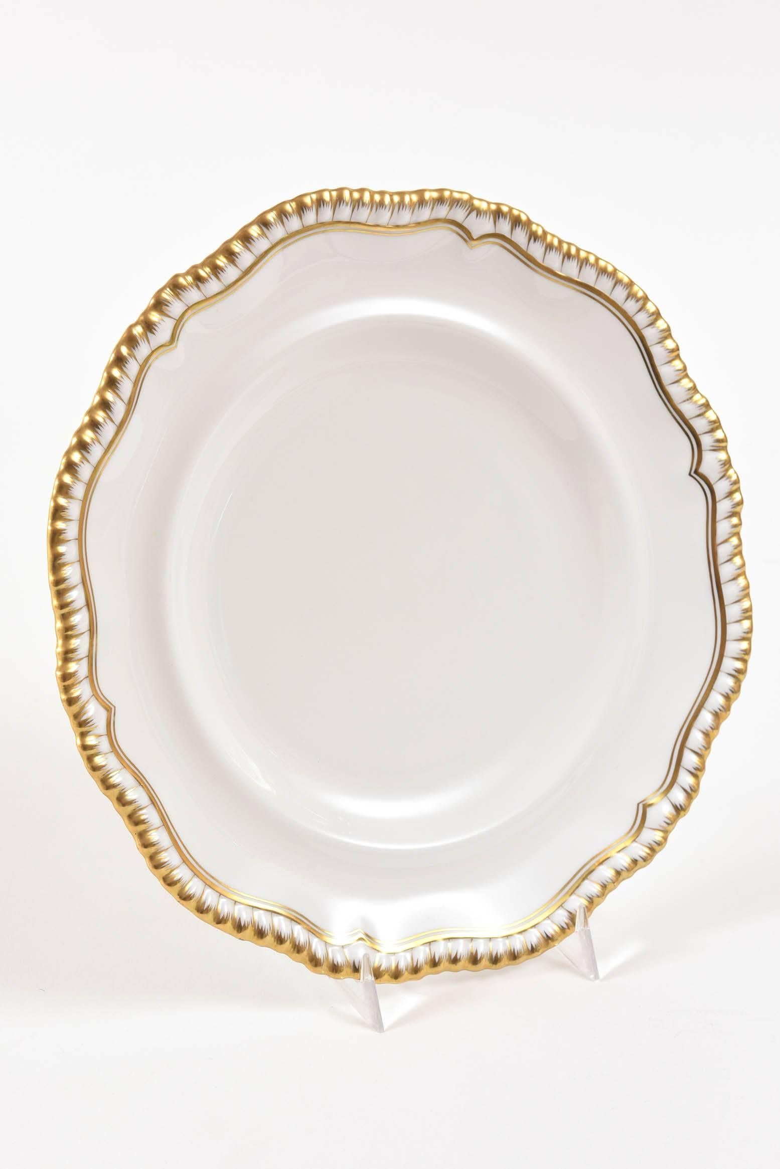 12 Elegant Antique Dinner Plates, Spode England, Gilt Scalloped Edge 1