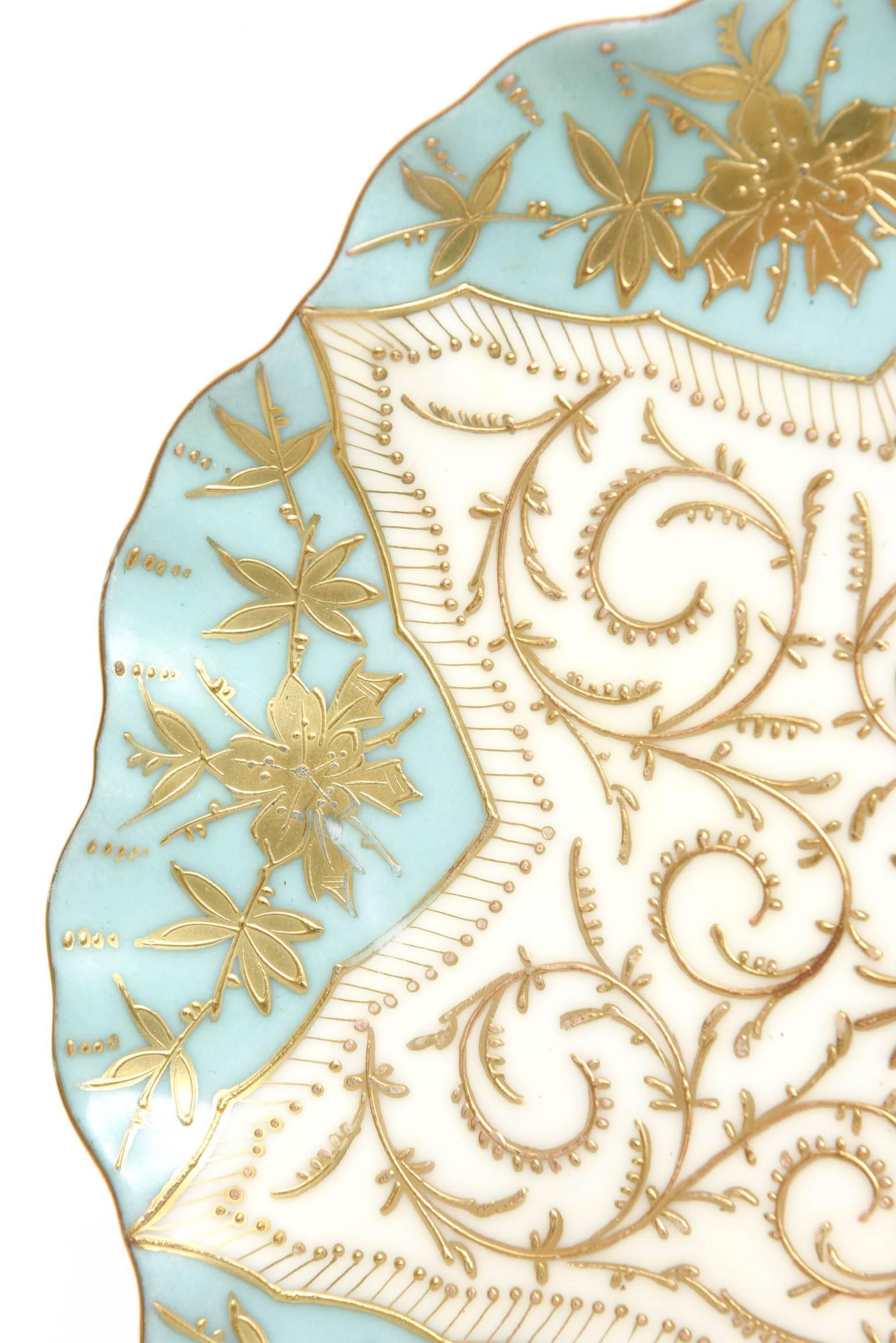 Hand-Crafted Ten Elaborately Decorated Turquoise Gilt Dessert or Display Plates, 19th Century