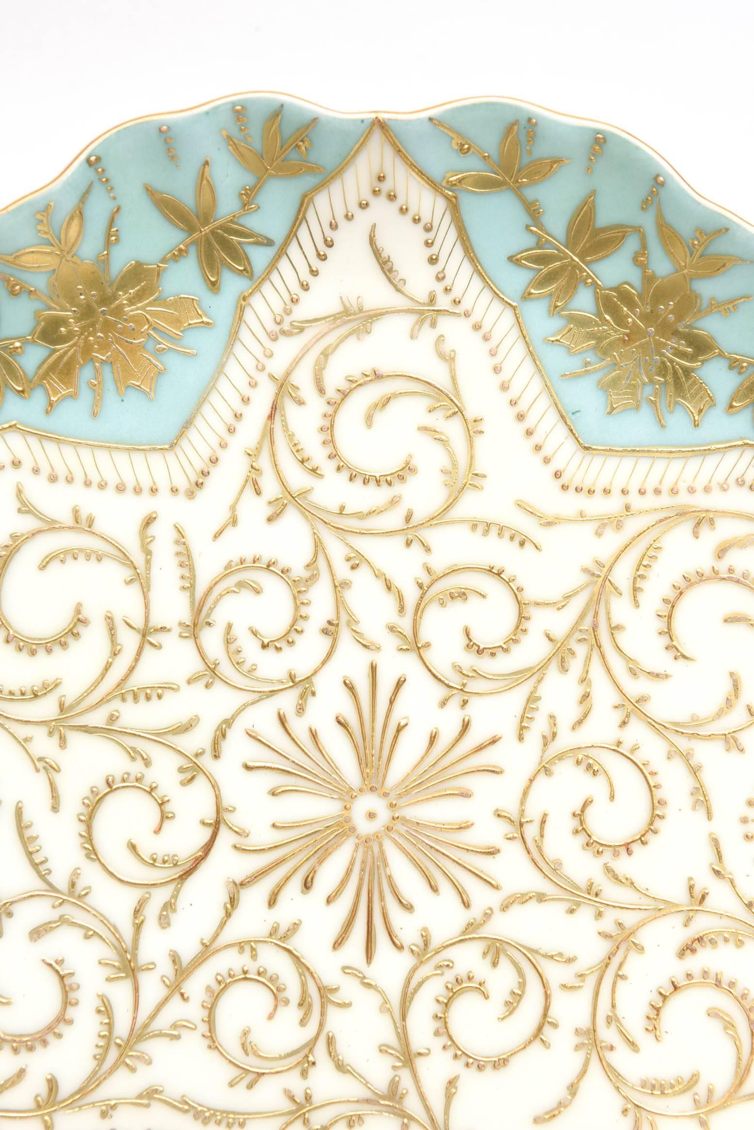 Ten Elaborately Decorated Turquoise Gilt Dessert or Display Plates, 19th Century In Good Condition In West Palm Beach, FL
