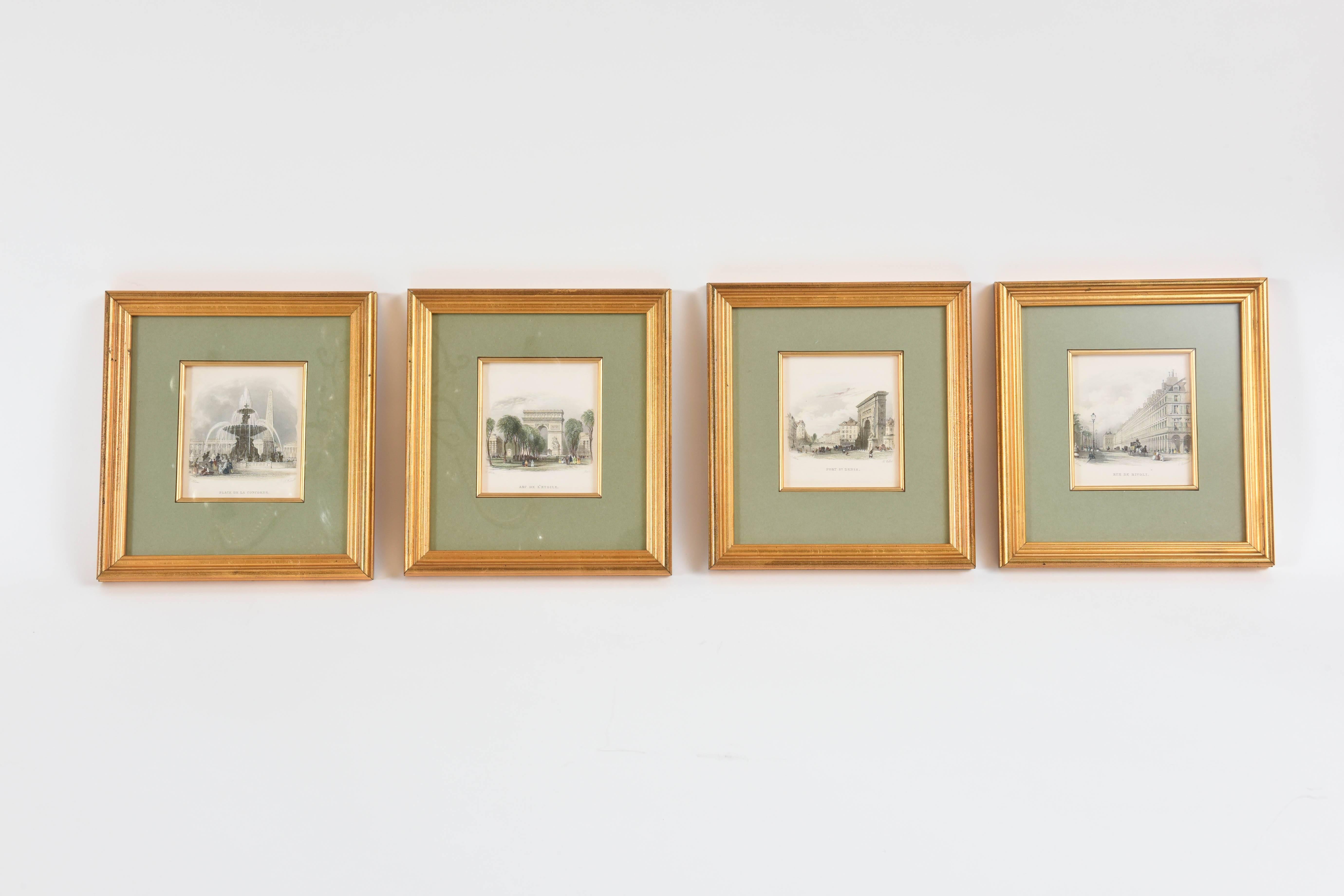 Framed in quality wood frames with a gorgeous shade of soft green matting, these hand color engravings of Paris, all by Thomas Allom, comprising: (One) Rue de Rivoli, (one) Port St. Denis, (one) The Tuileries, (one) Place de Concorde, (one) Place