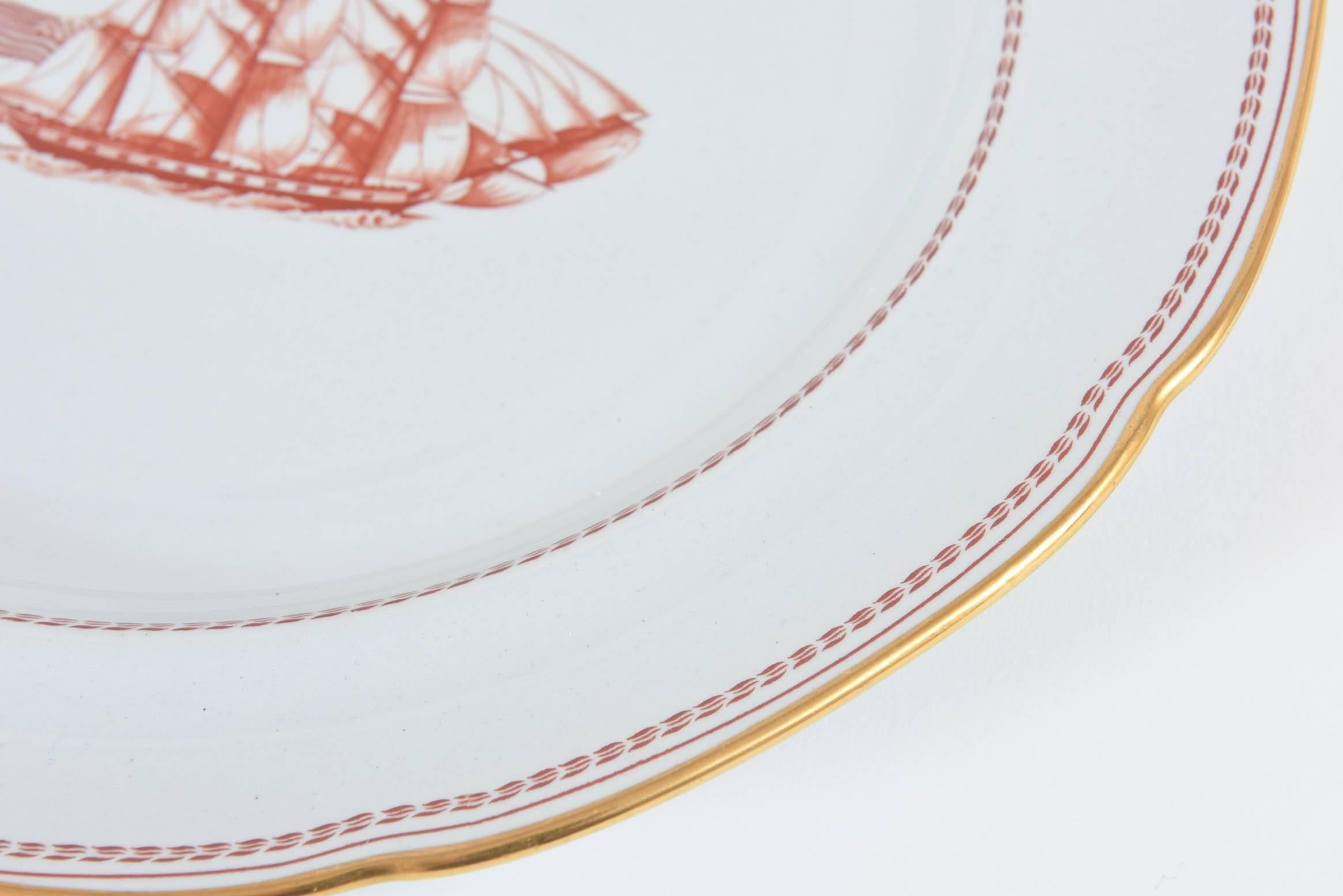 English China Service for Ten, 50 Pieces Spode Tradewinds in Red, Dinner Plates, Salads