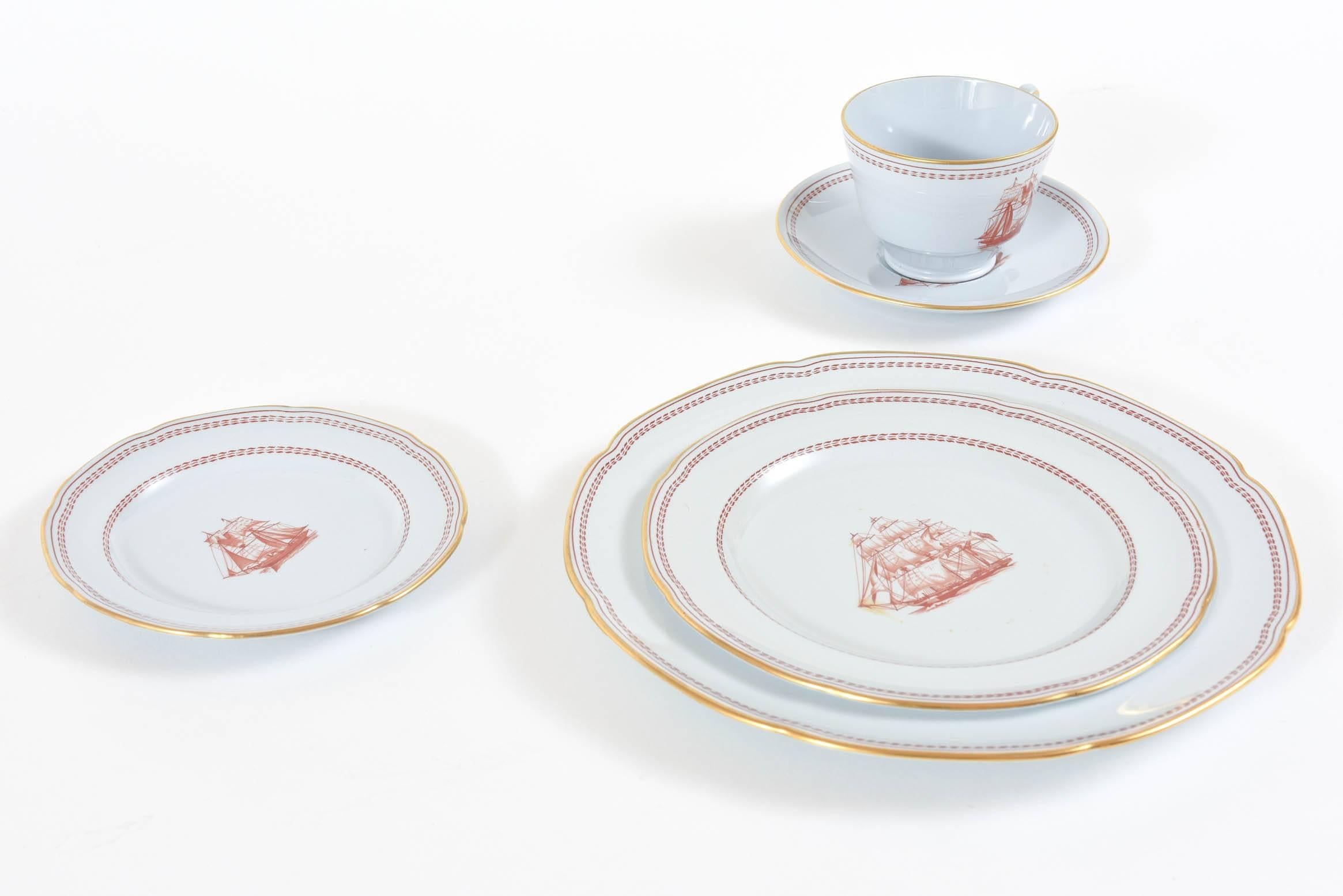 Mid-20th Century China Service for Ten, 50 Pieces Spode Tradewinds in Red, Dinner Plates, Salads