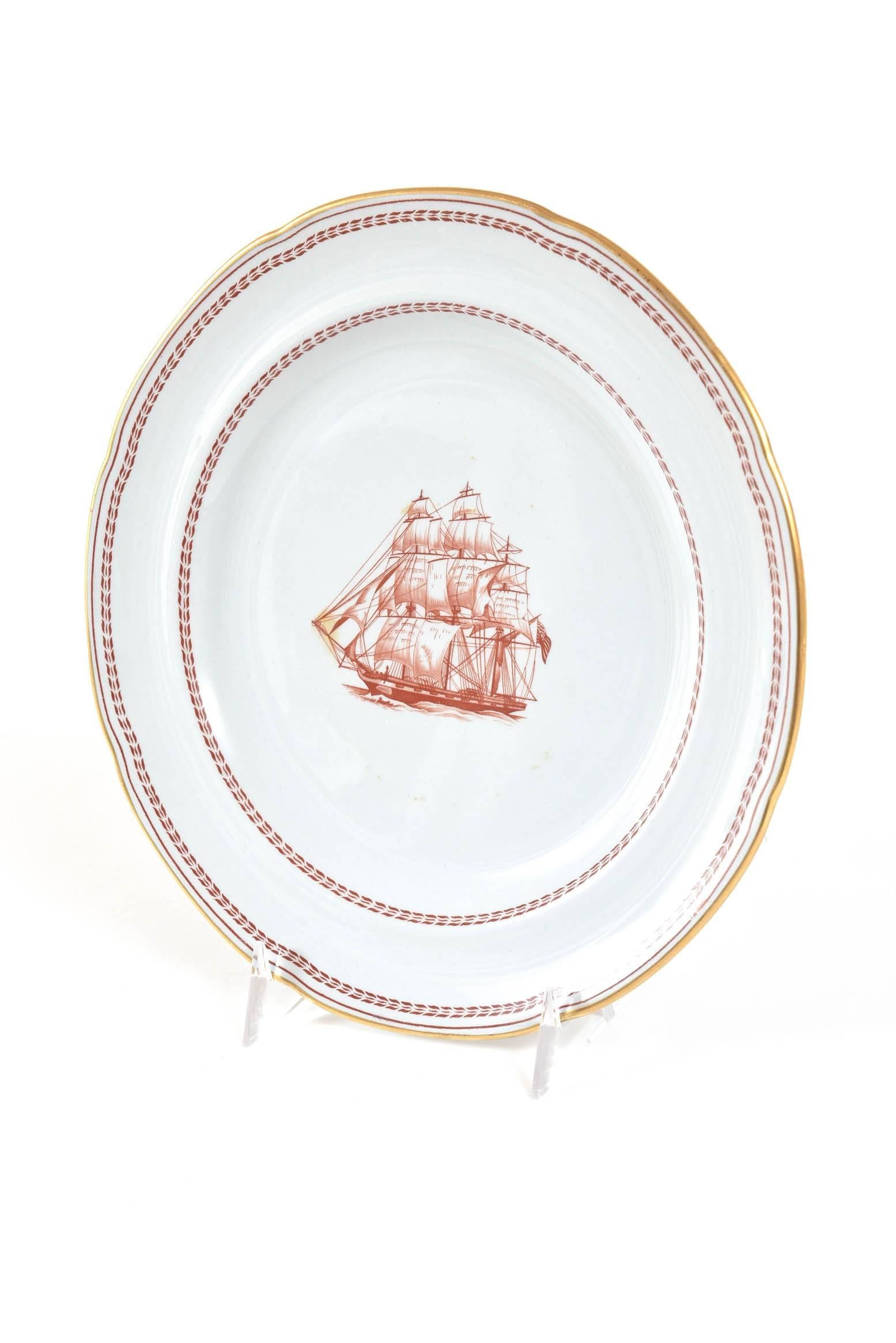 From our stock of a very popular pattern from the 1920s-1960s in red transfer ware, slightly scalloped shape and gilt edge trim.
This is for one dinner plate and more are available. Kindly inquire.