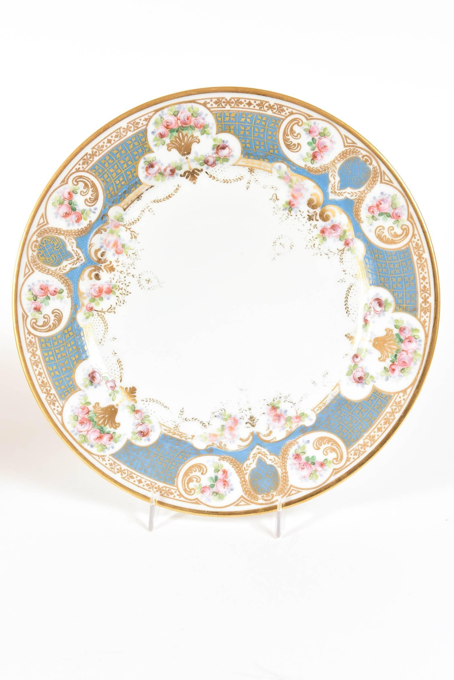 French Pretty Turquoise and Rose Pink Dinner Plates, Antique, circa 1900