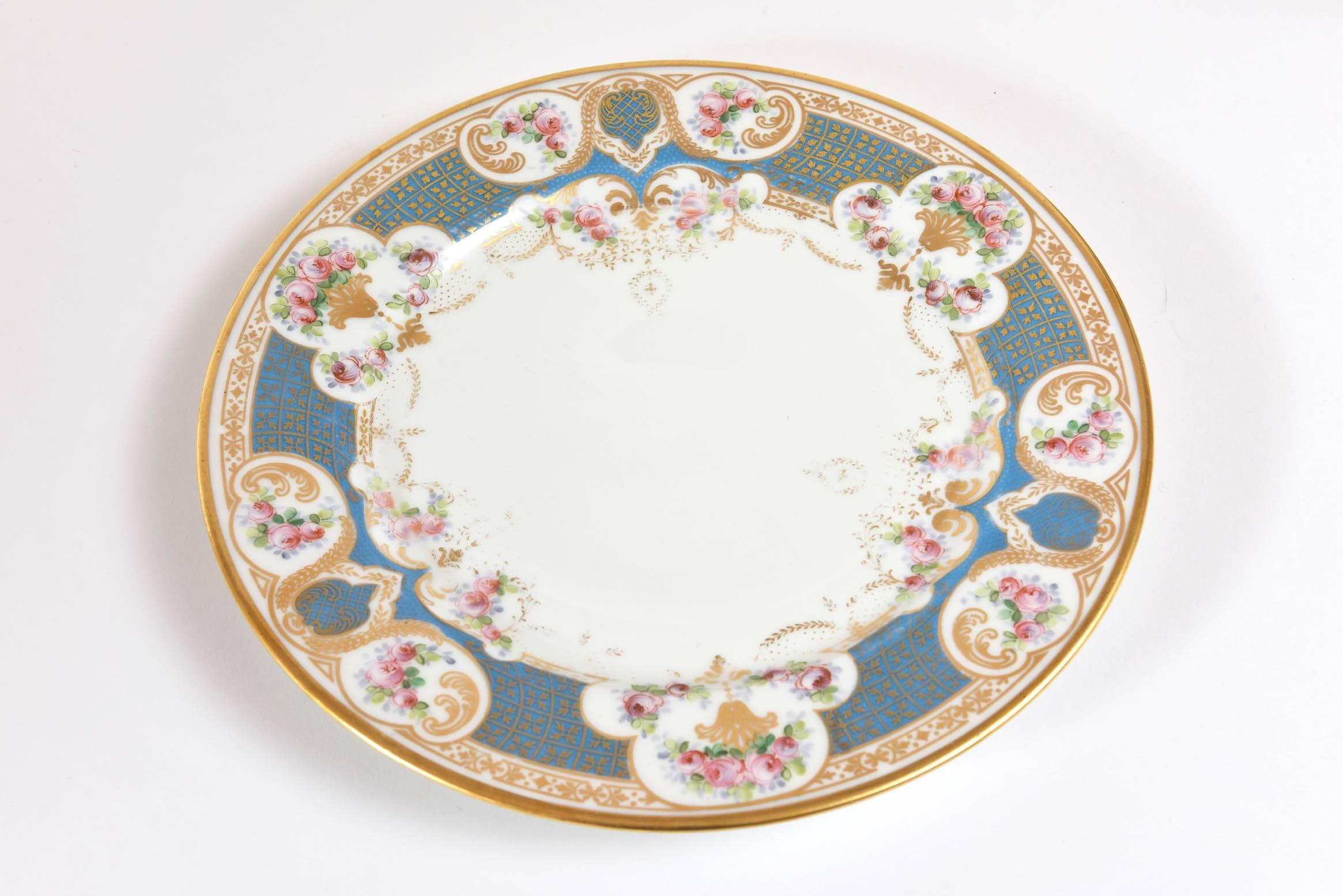 Hand-Crafted Pretty Turquoise and Rose Pink Dinner Plates, Antique, circa 1900