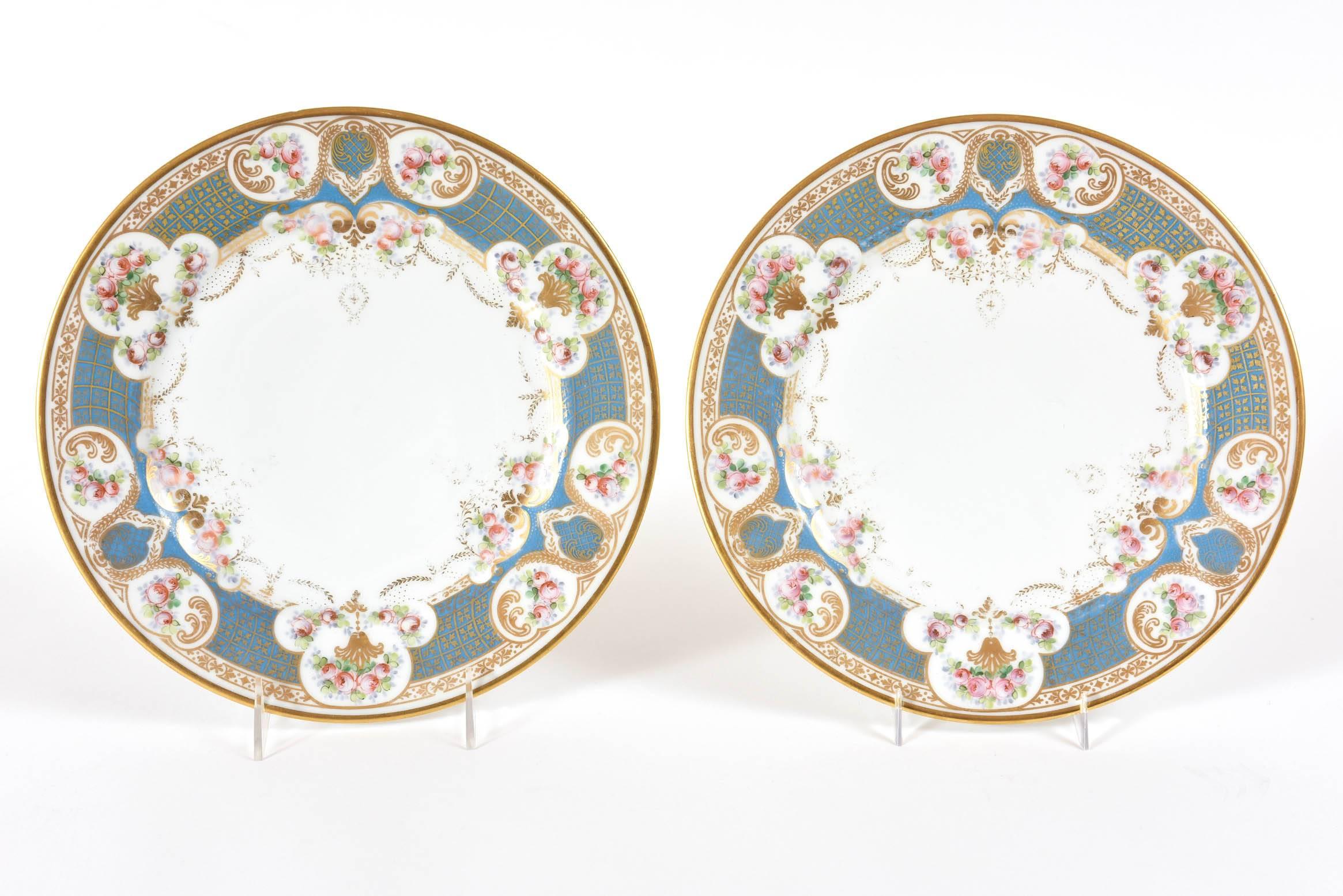 Pretty Turquoise and Rose Pink Dinner Plates, Antique, circa 1900 2