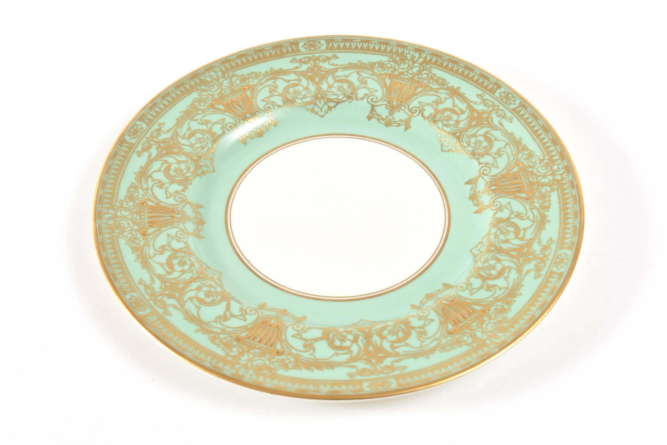 English Set Ten Stunning Turquoise Elaborately Gilded Dinner/Presentation Plates For Sale