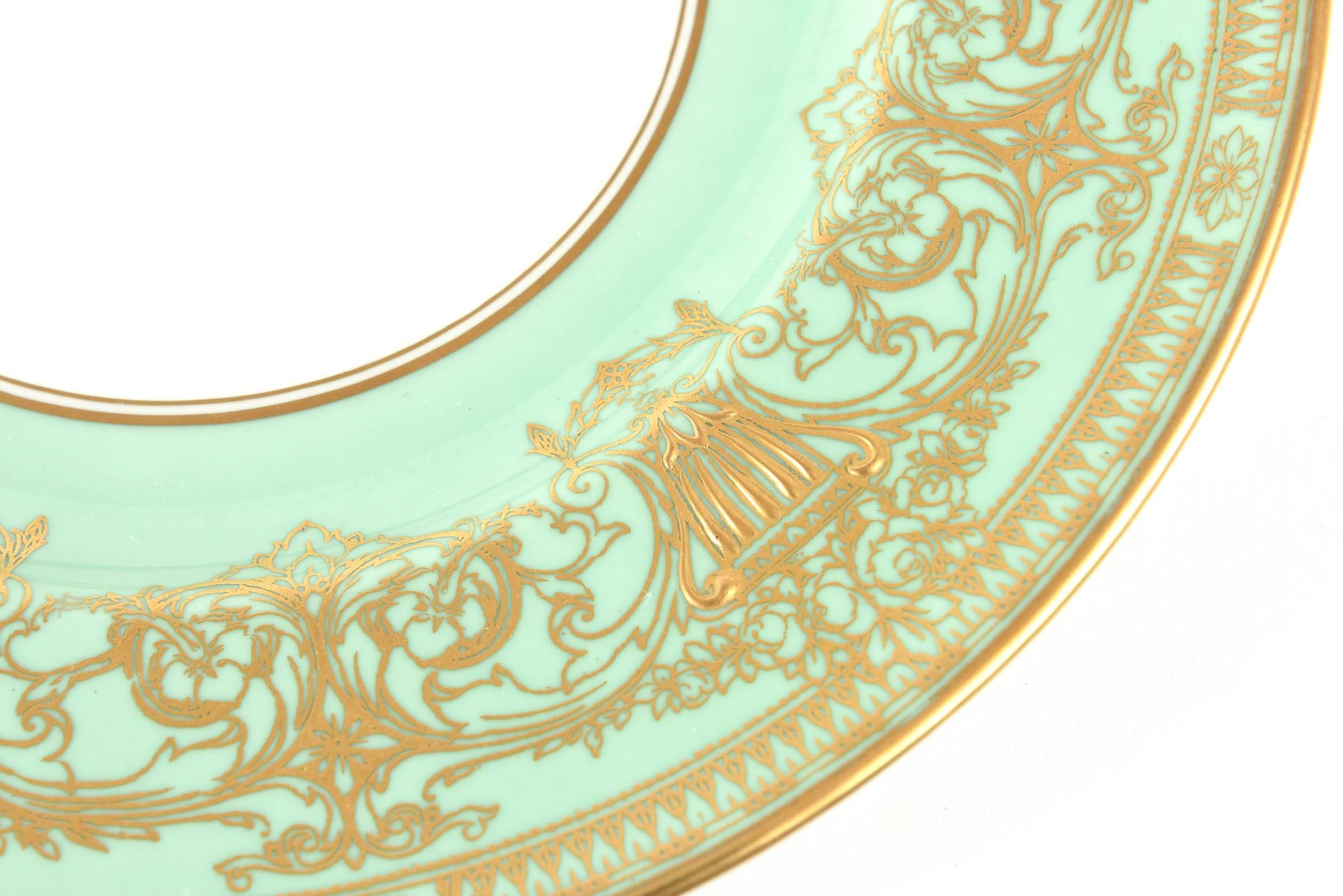 Hand-Crafted Set Ten Stunning Turquoise Elaborately Gilded Dinner/Presentation Plates For Sale