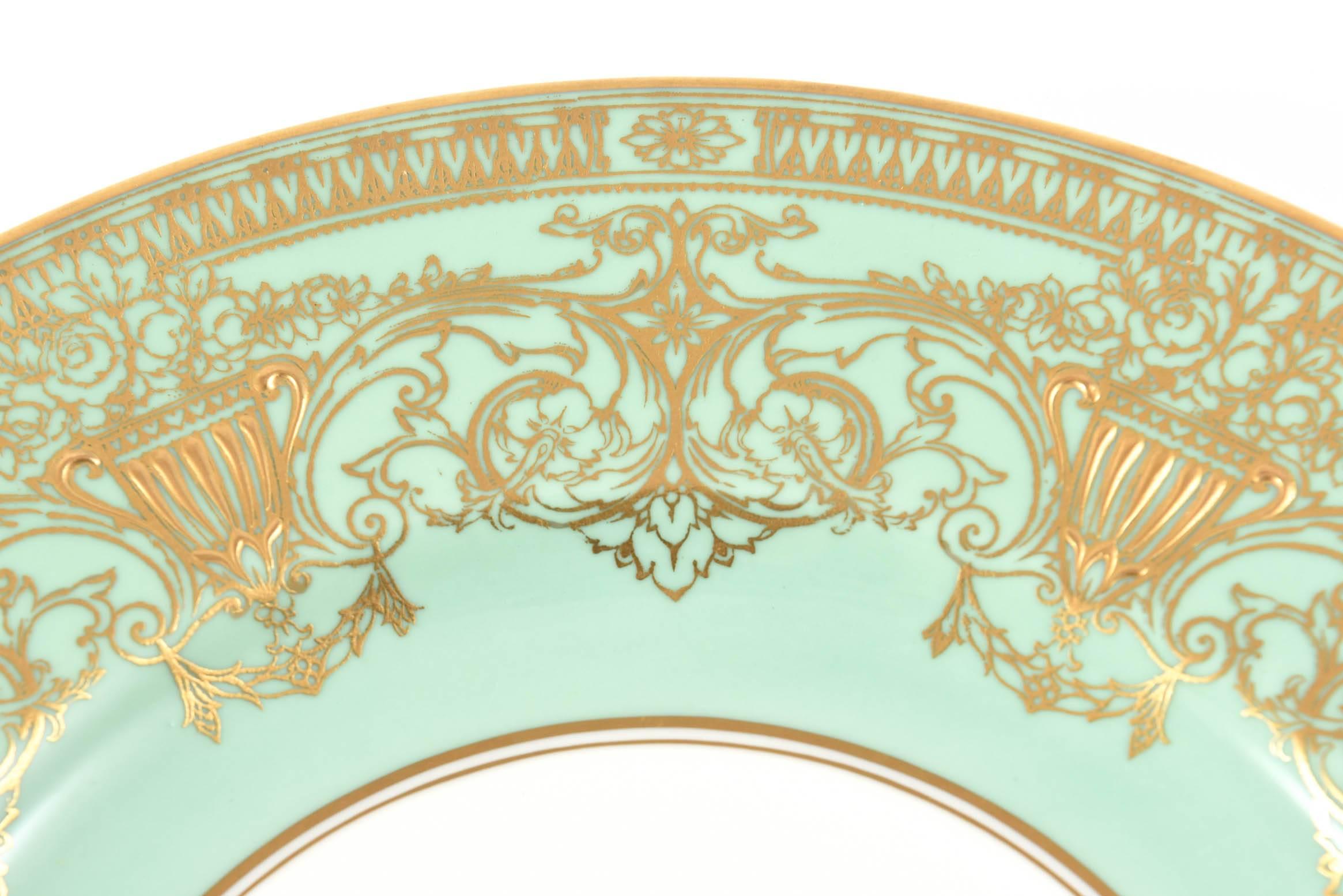Mid-20th Century Set Ten Stunning Turquoise Elaborately Gilded Dinner/Presentation Plates For Sale