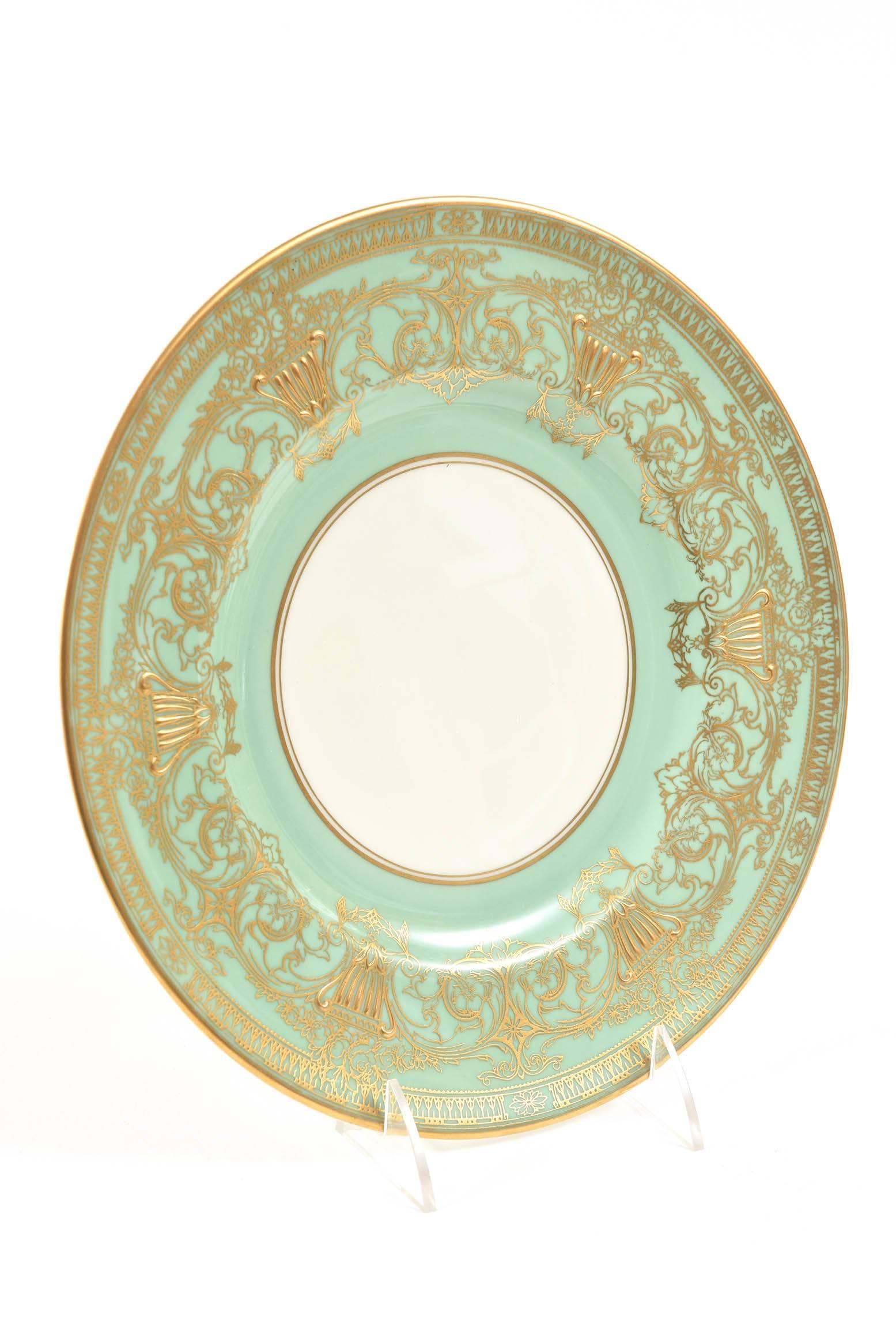 Set Ten Stunning Turquoise Elaborately Gilded Dinner/Presentation Plates For Sale 2