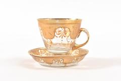 10 Sets (20 Pieces) of Antique Gilded Glass Tea Cup and Saucers