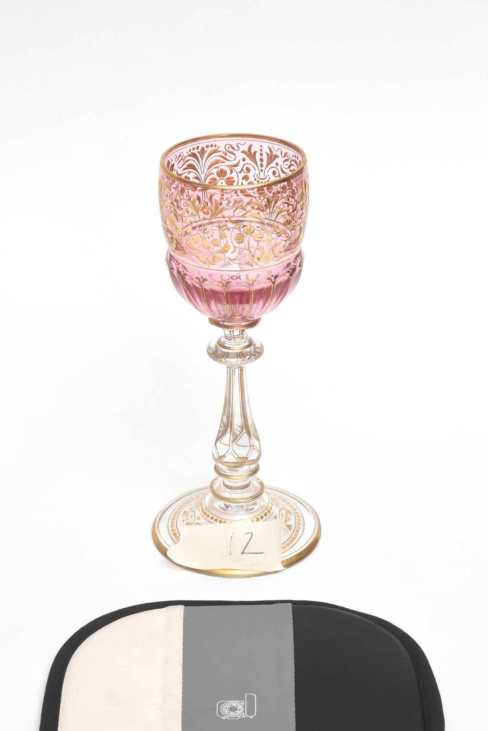 A delightful set of 8 last quarter of the 19th century goblets that have been blown, cut and painstakingly gilded. A nice cut knob stem makes them a joy to hold and the color is just vibrant enough and would mix and match well in with all your fine