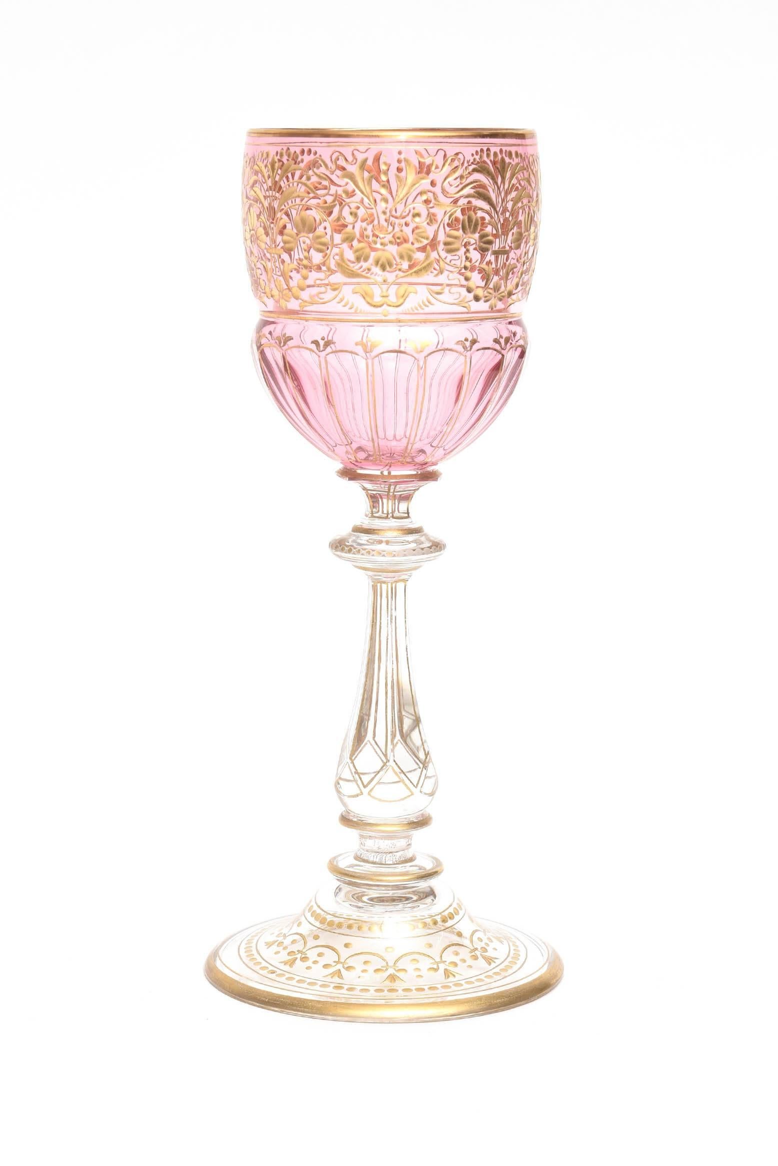 Hand-Crafted 8 Elaborate Gilt and Ruby Pink Wine Goblets with Beautiful Stem