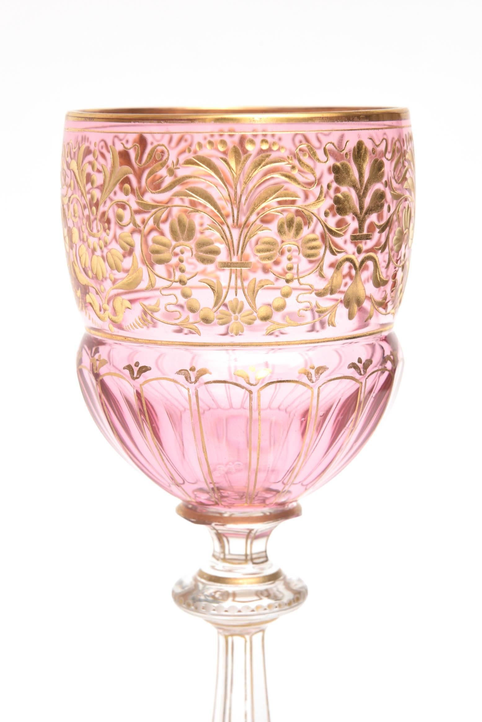 8 Elaborate Gilt and Ruby Pink Wine Goblets with Beautiful Stem In Good Condition In West Palm Beach, FL