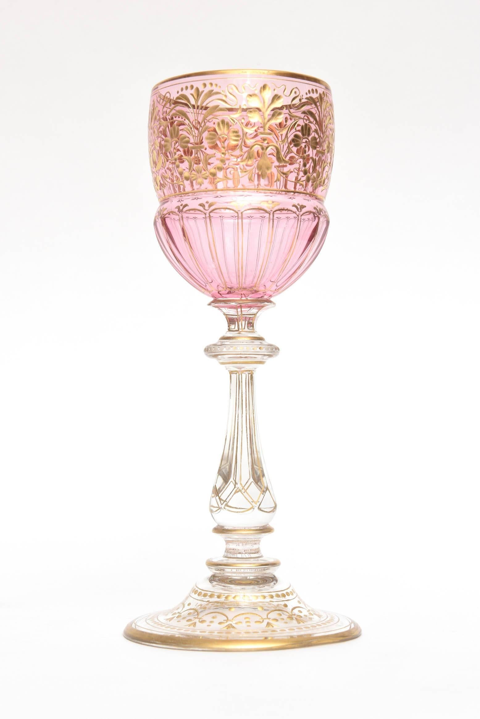 Gold 8 Elaborate Gilt and Ruby Pink Wine Goblets with Beautiful Stem