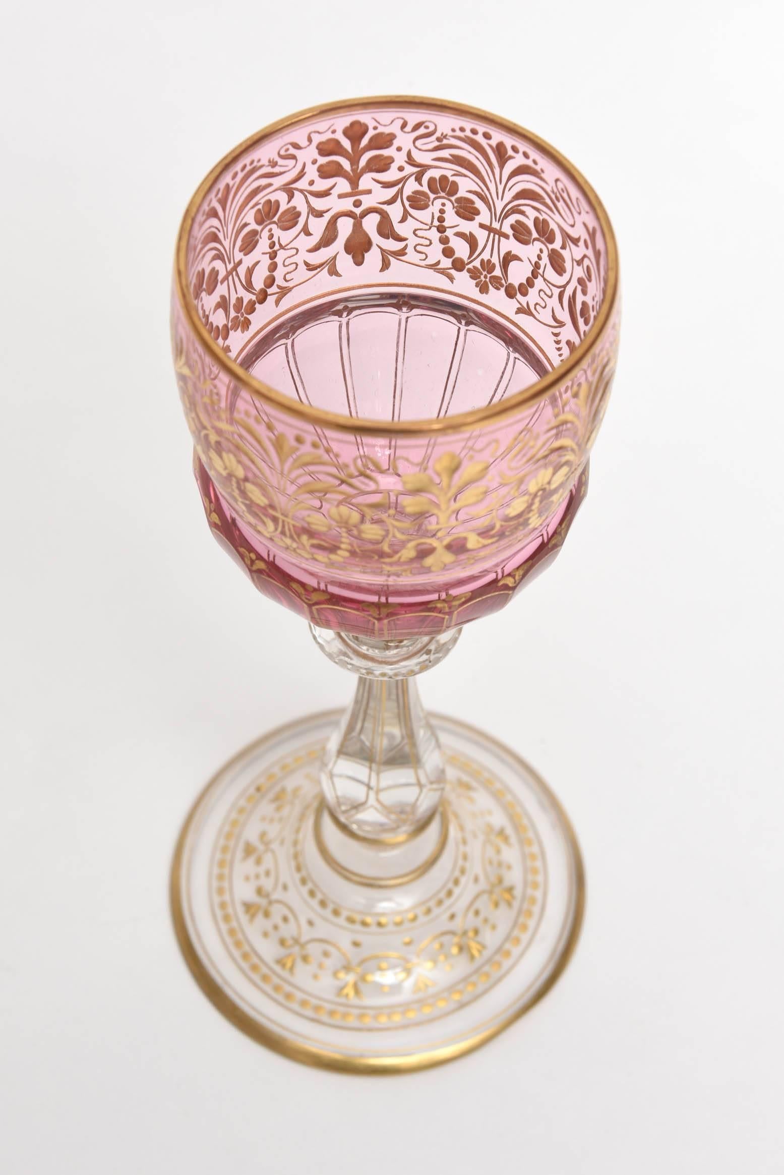 8 Elaborate Gilt and Ruby Pink Wine Goblets with Beautiful Stem 1