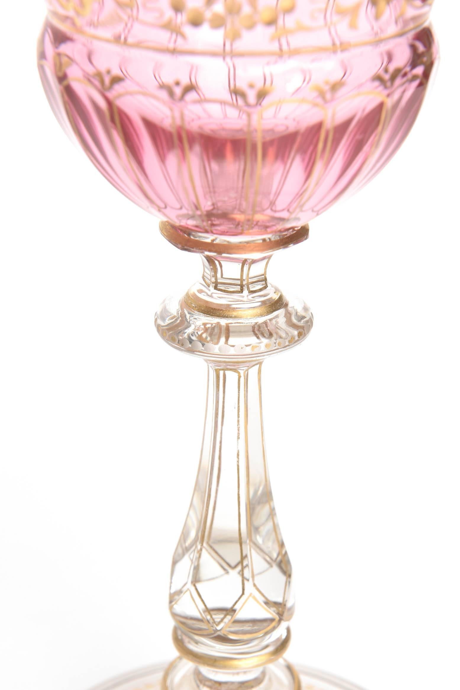 8 Elaborate Gilt and Ruby Pink Wine Goblets with Beautiful Stem 2