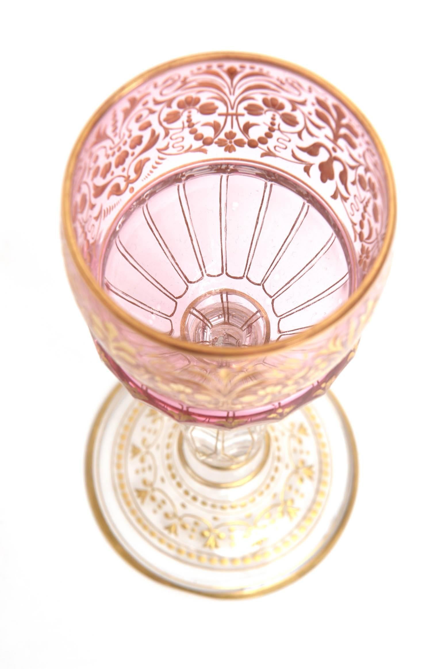 8 Elaborate Gilt and Ruby Pink Wine Goblets with Beautiful Stem 3