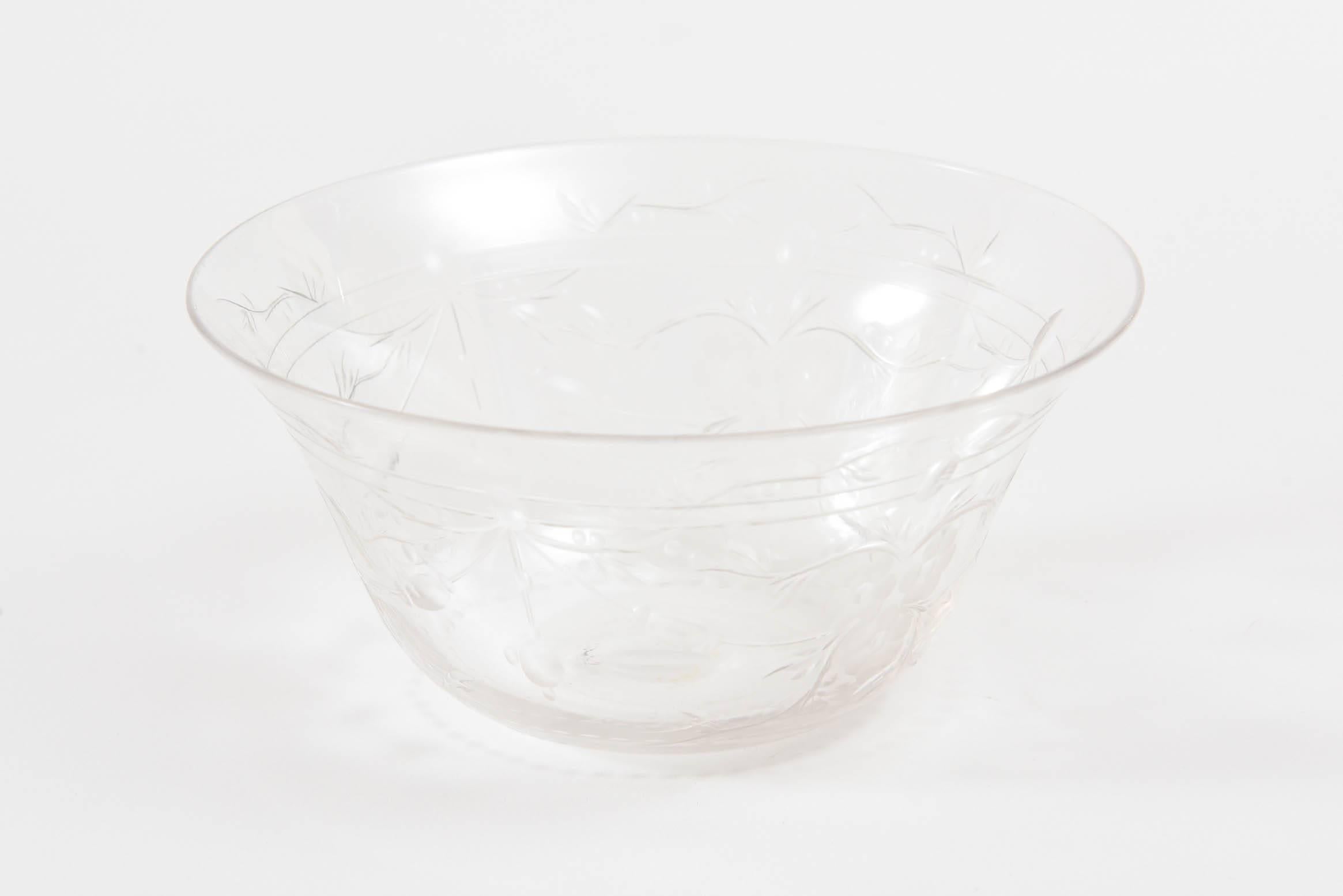 British 8 Crystal Dessert Bowls, Intaglio Engraved circa 1920 Attributed to Webb England
