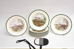 12 Hunt Plates, Copeland Spode, Vintage with Dark Green Trim