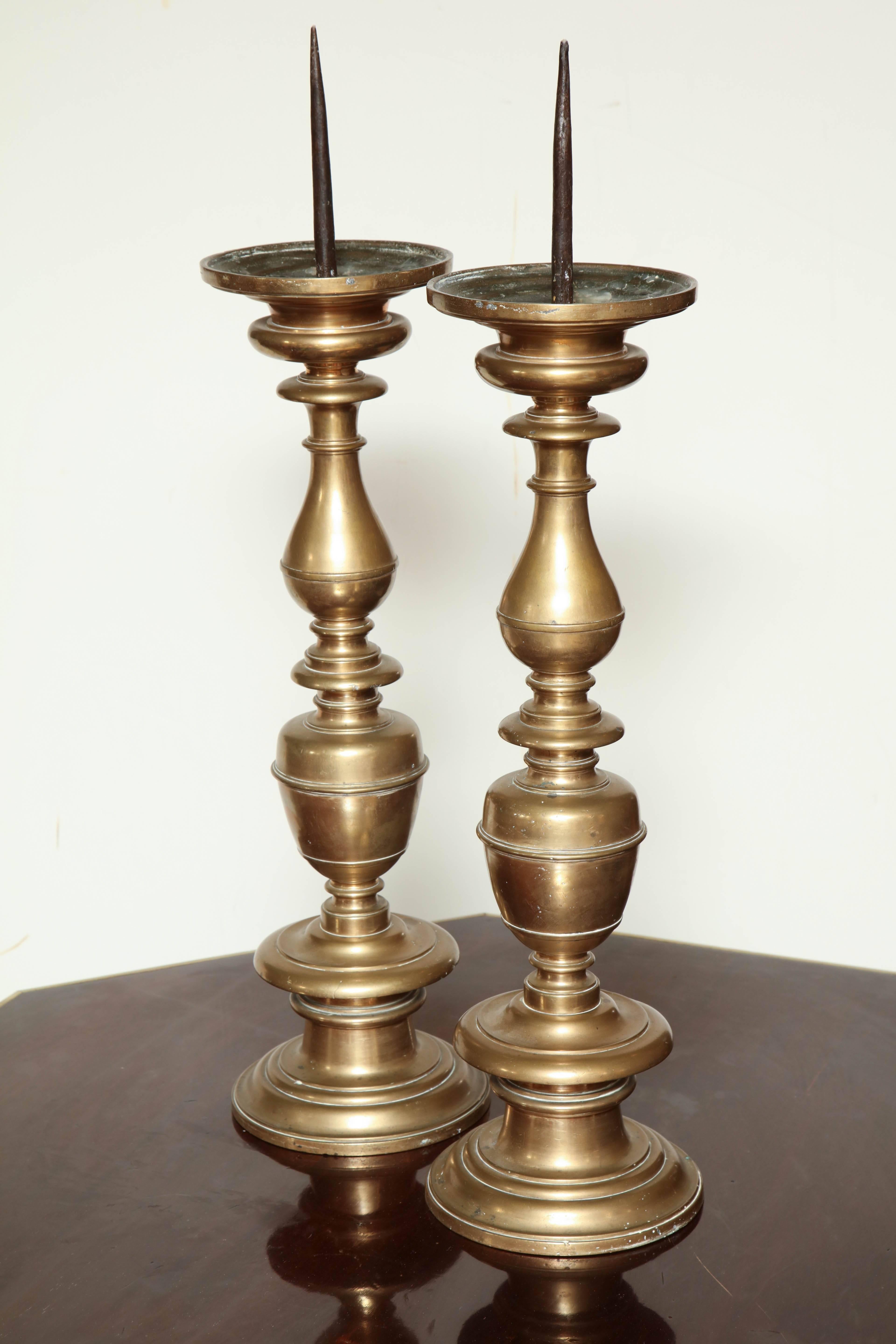 18th Century and Earlier Rare Pair of Brass Pricket Stick