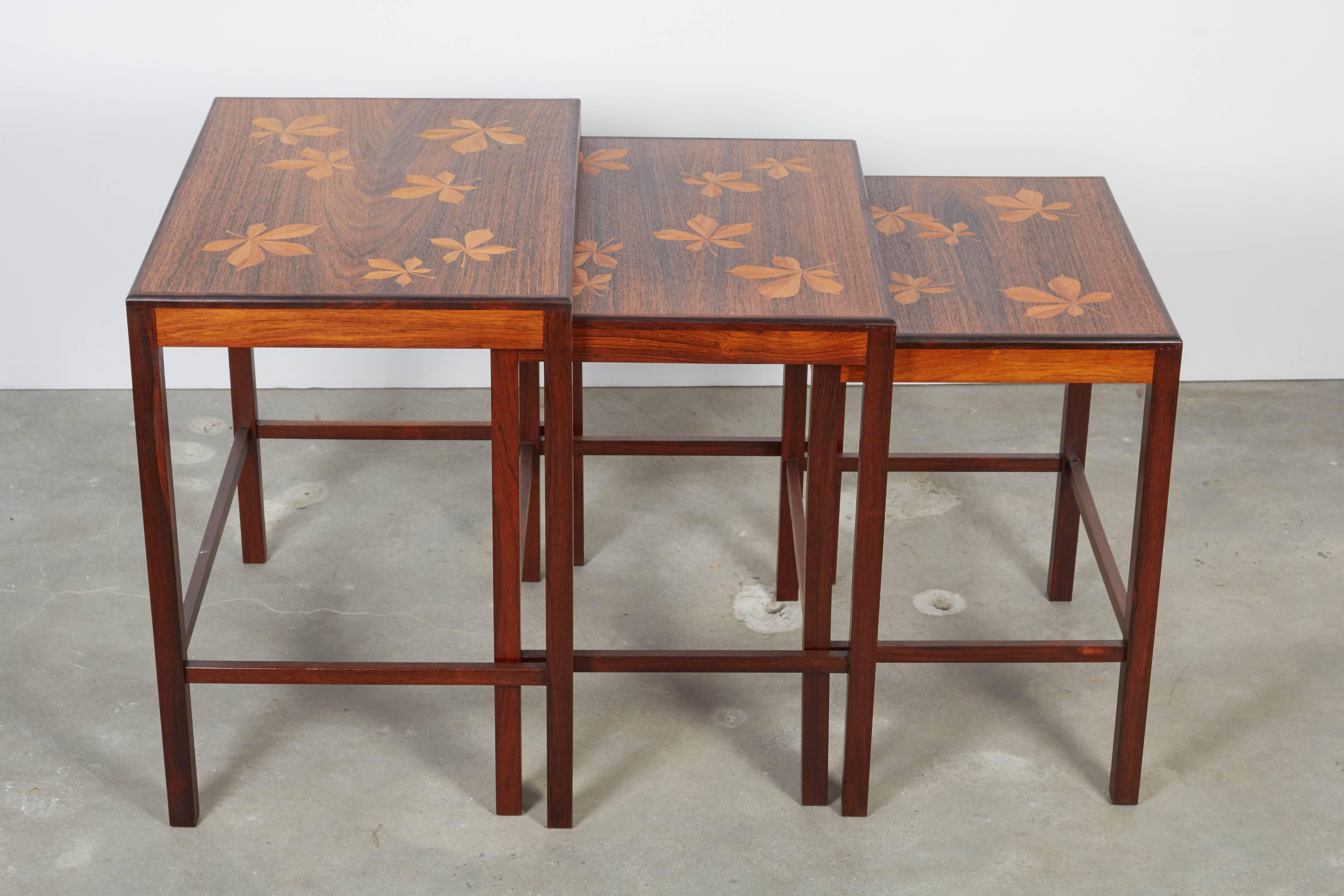 Scandinavian Modern Rosewood Nesting Tables with Chestnut Inlay