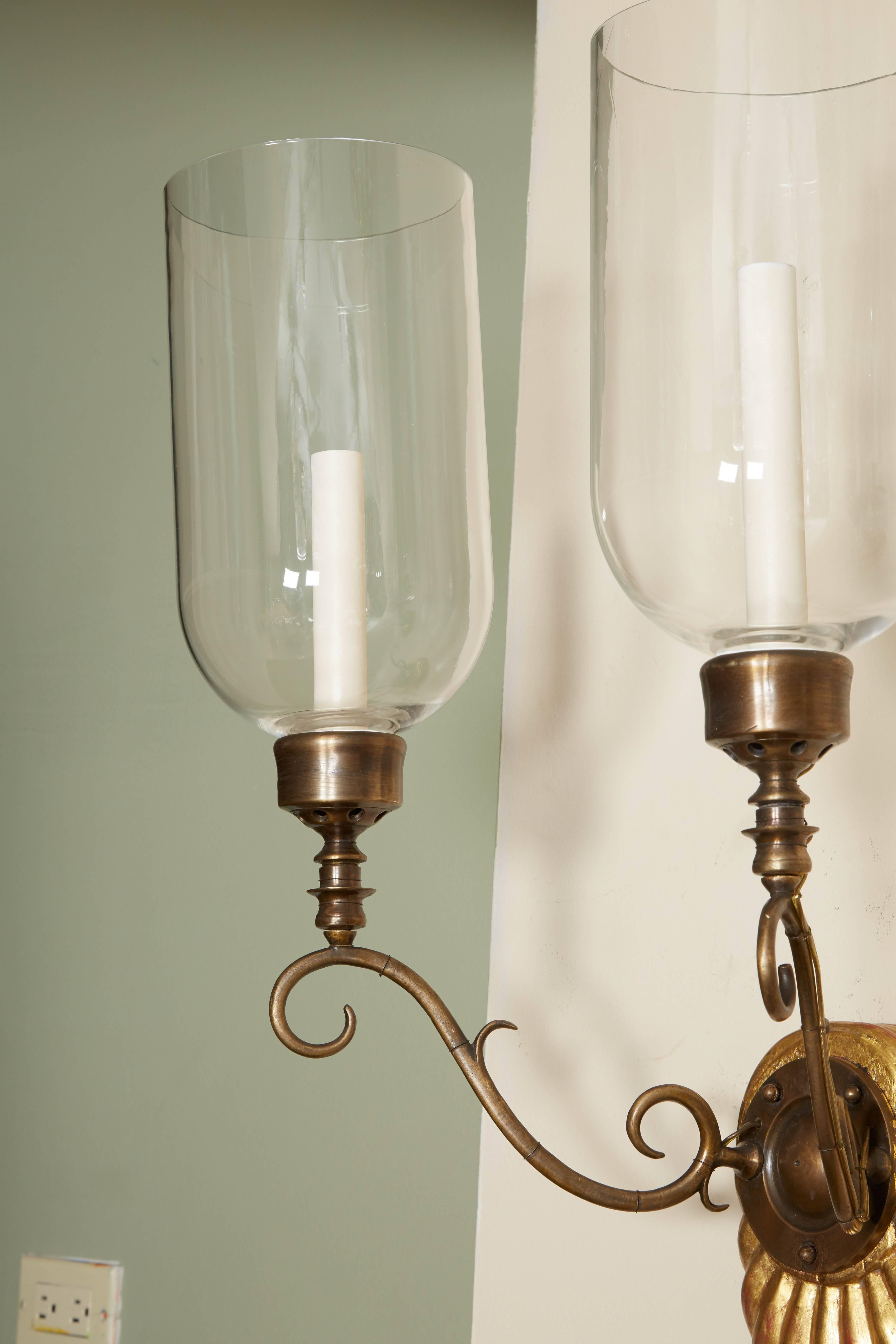 English Pair of Two-Light Hurricane Shade Sconces For Sale