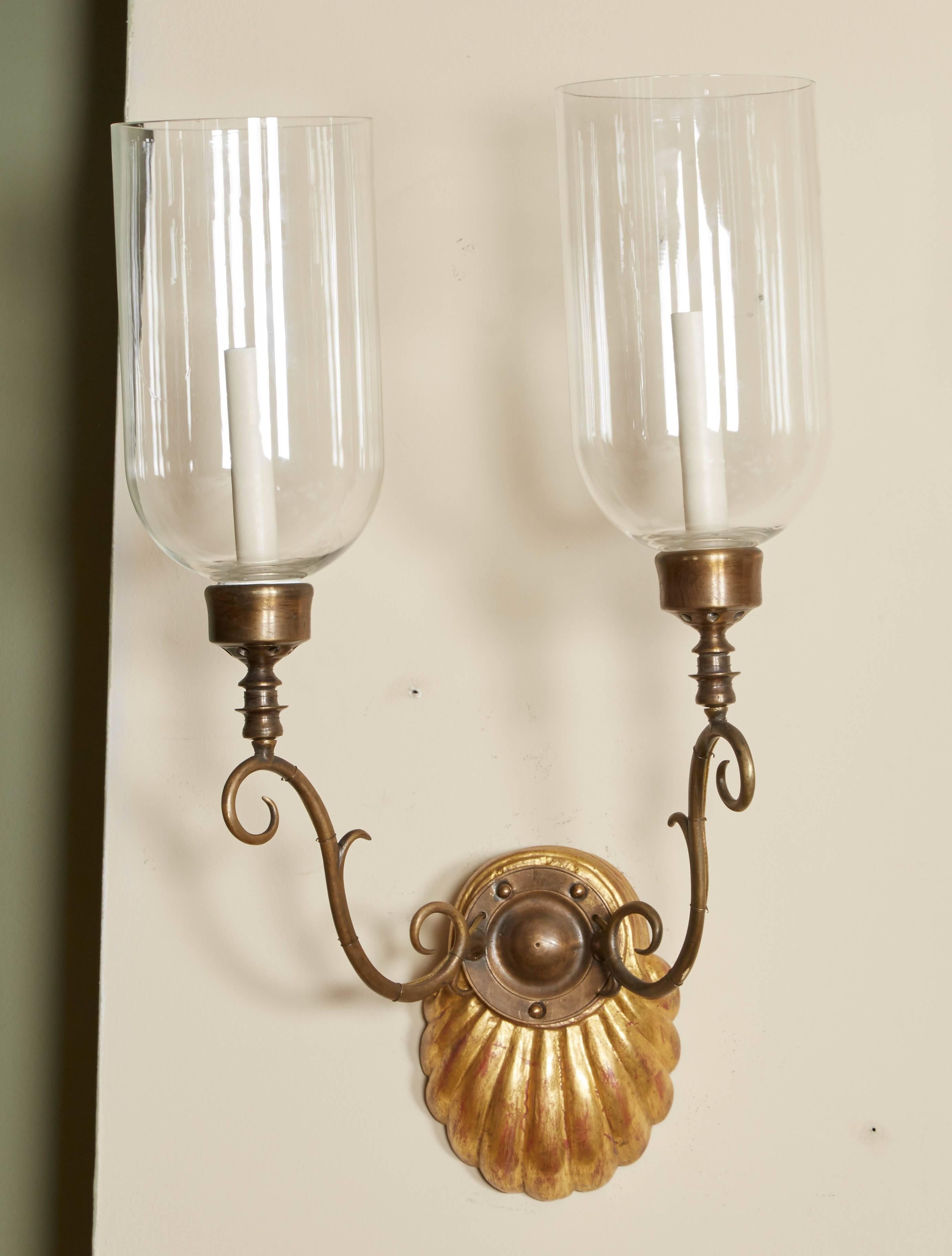 Gilt Pair of Two-Light Hurricane Shade Sconces For Sale