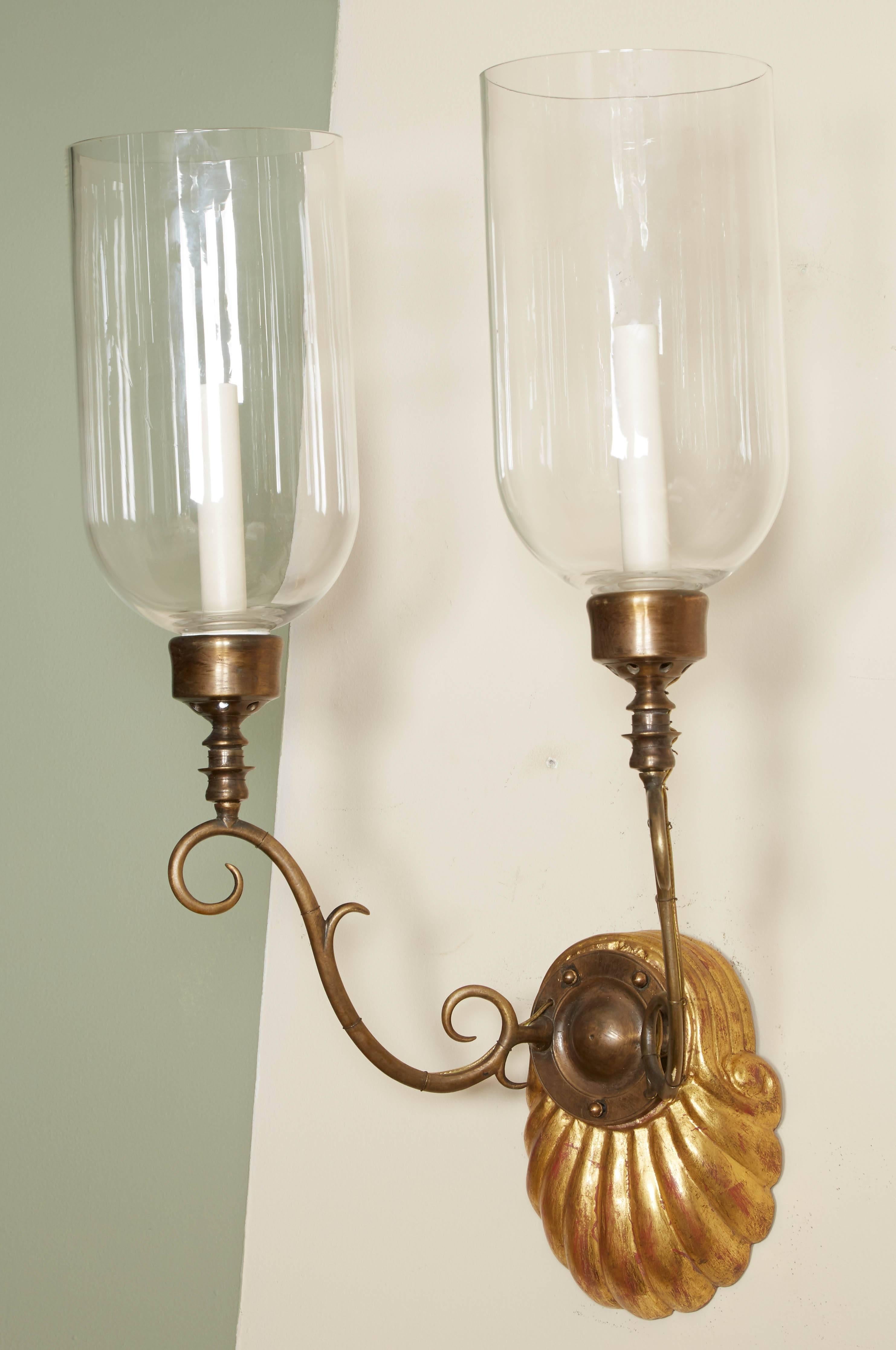 Pair of Two-Light Hurricane Shade Sconces In Excellent Condition For Sale In New York, NY