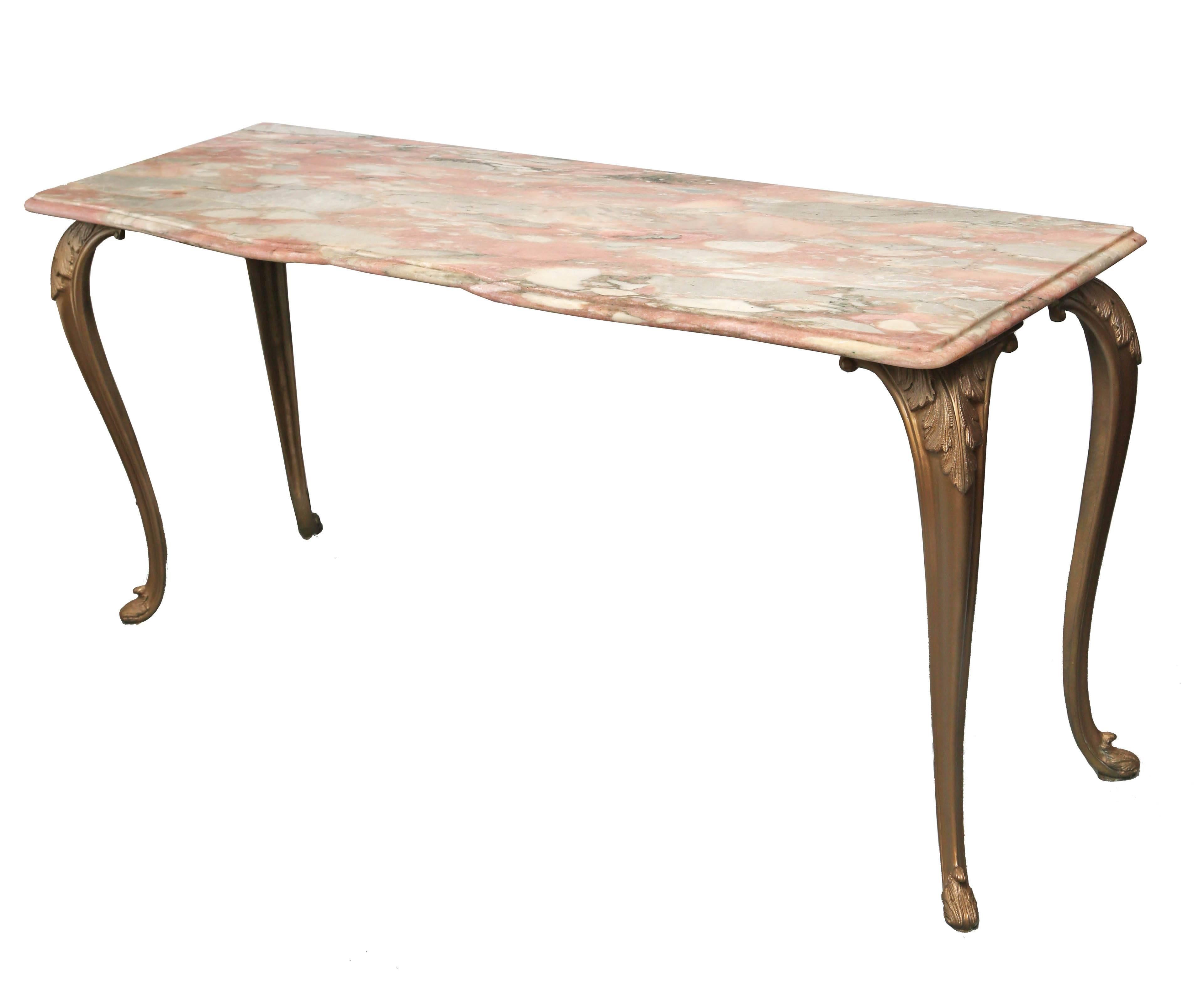 Wonderful rare pink or salmon marble and bronze console table. Made in Italy.