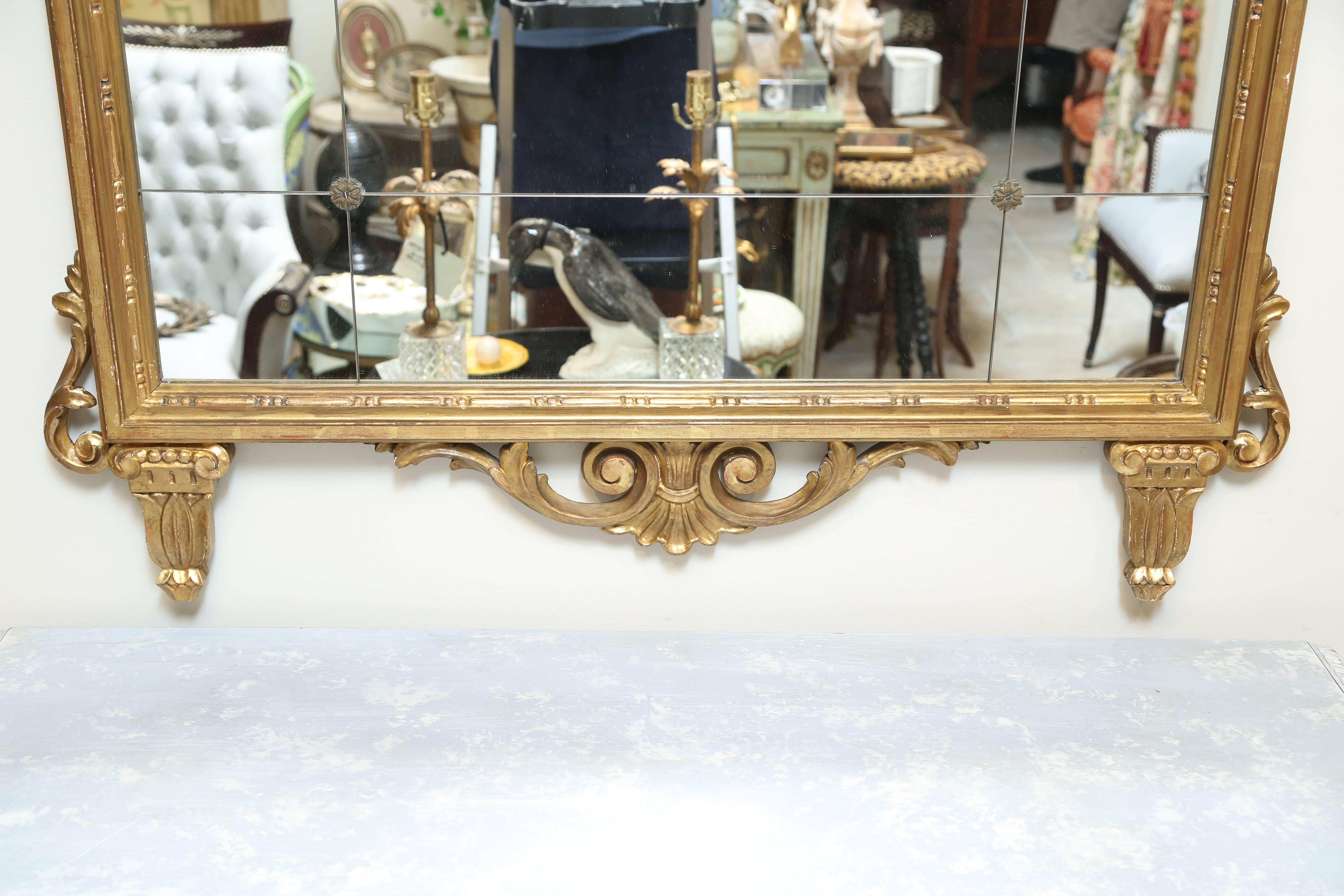 Giltwood Italian Mirror Scrolling Pediment In Excellent Condition In West Palm Beach, FL