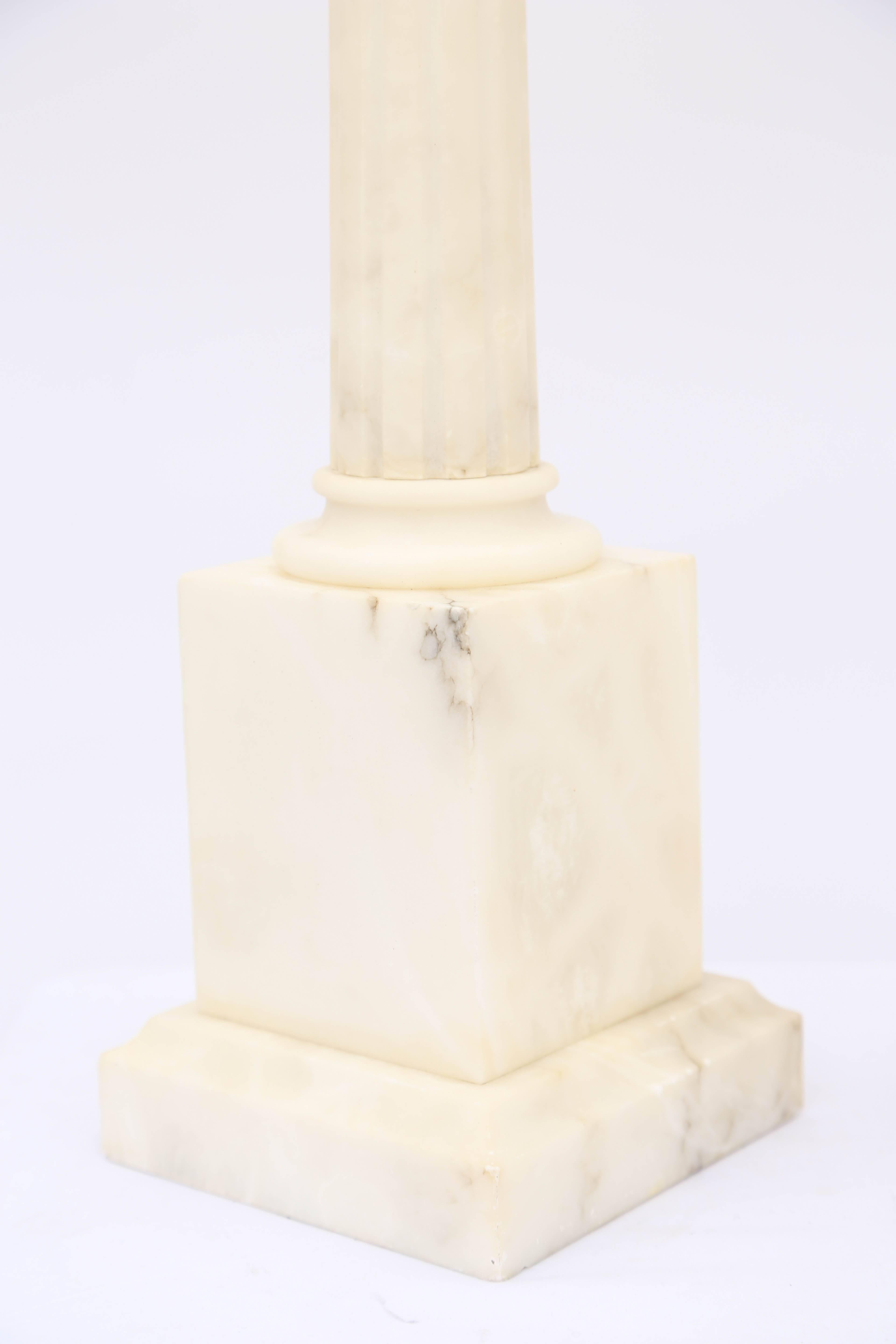 Carved Pair of Columnar Alabaster Lamps