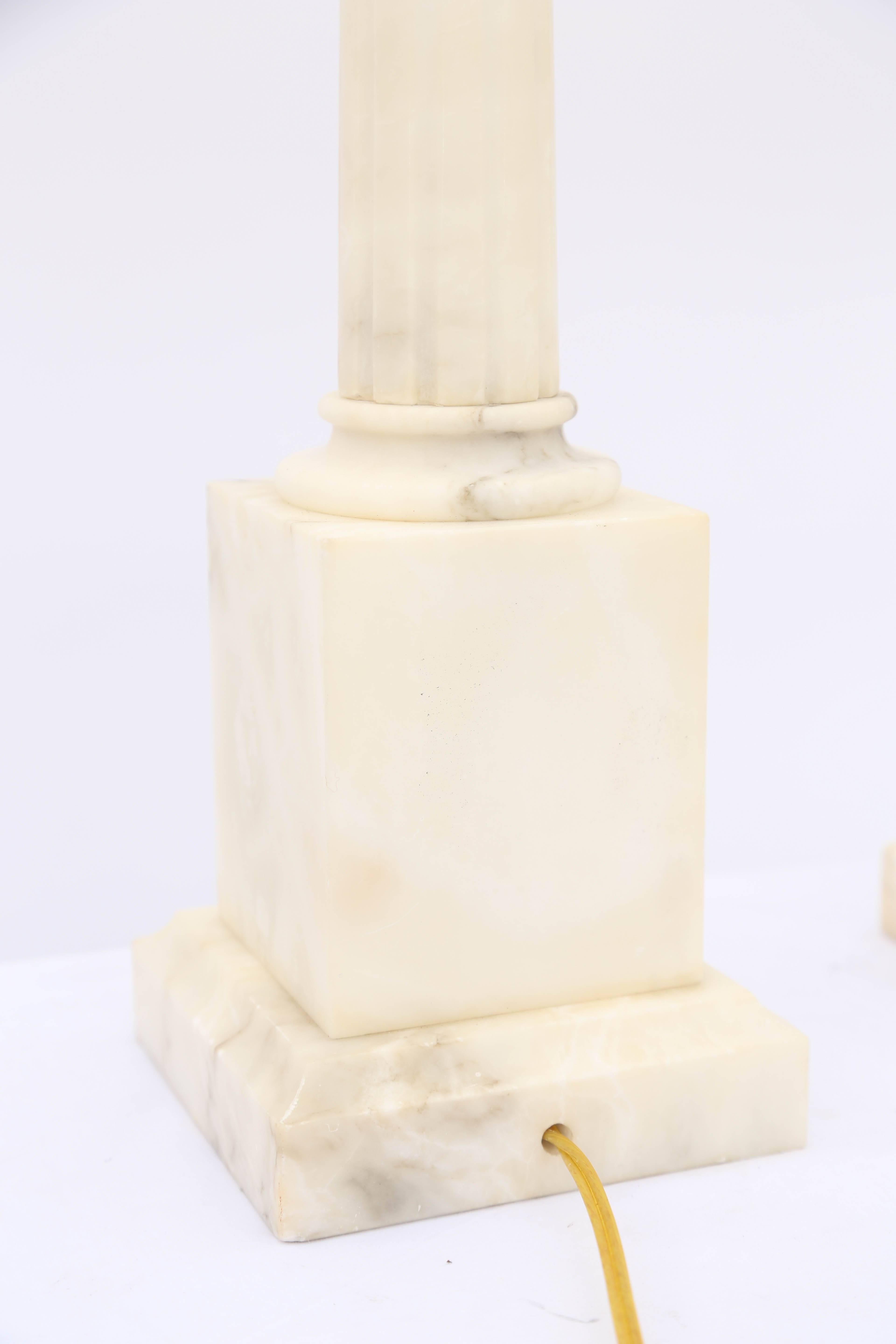 Pair of Columnar Alabaster Lamps In Excellent Condition In West Palm Beach, FL