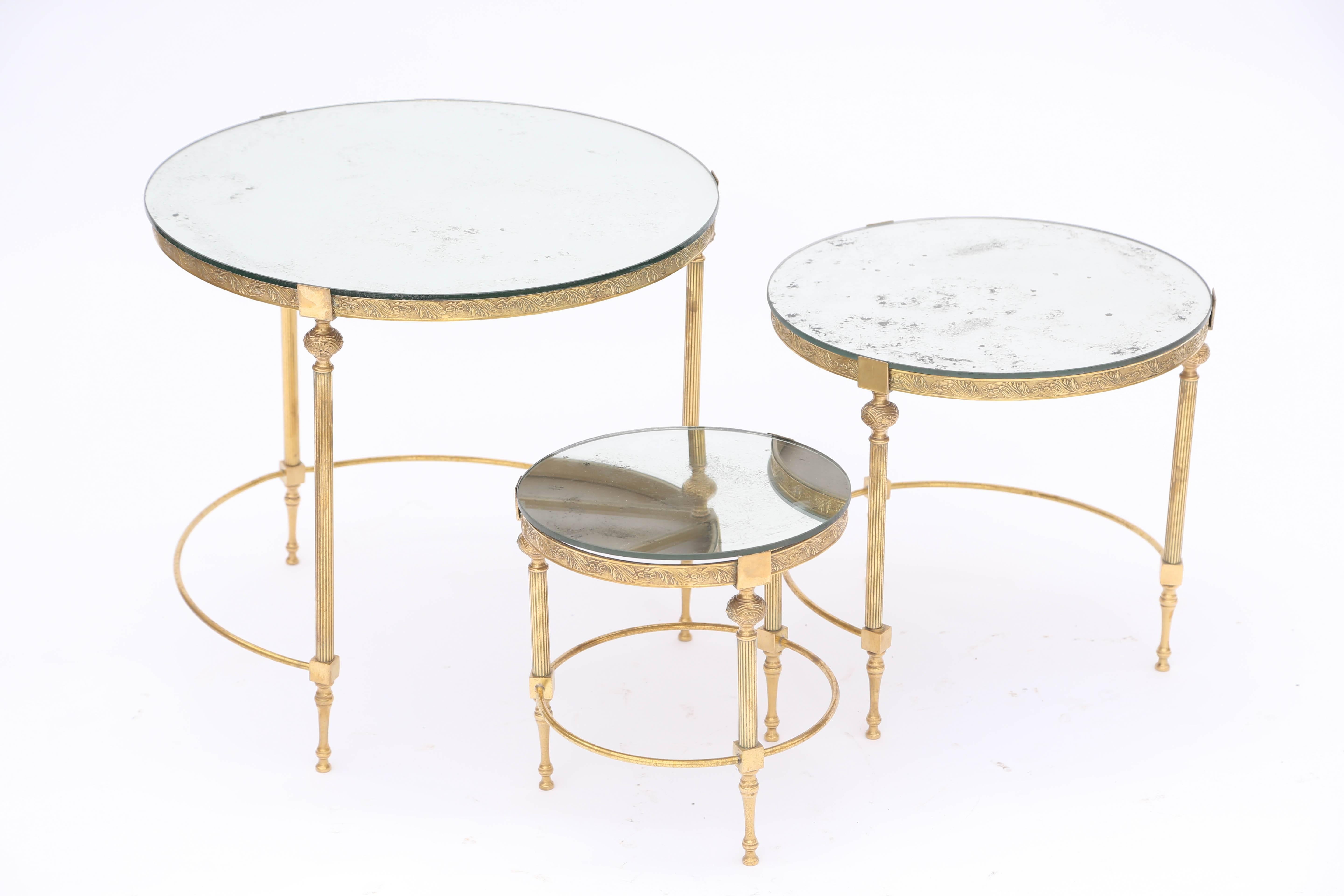 Hollywood Regency Set of Three Round Nesting Tables with Mirrored Tops