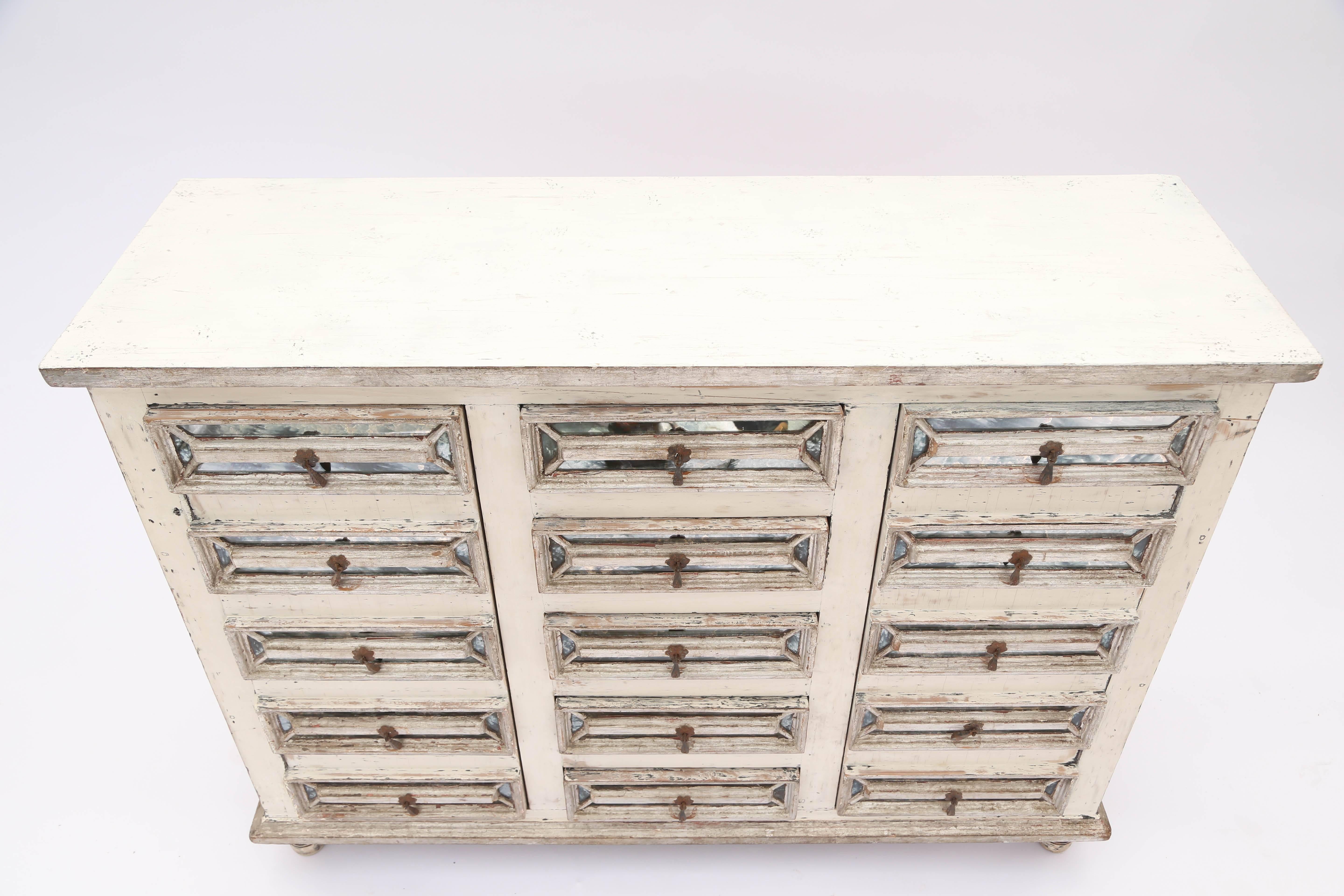 Spanish Painted Credenza with Mirror-Inset Drawers and Doors