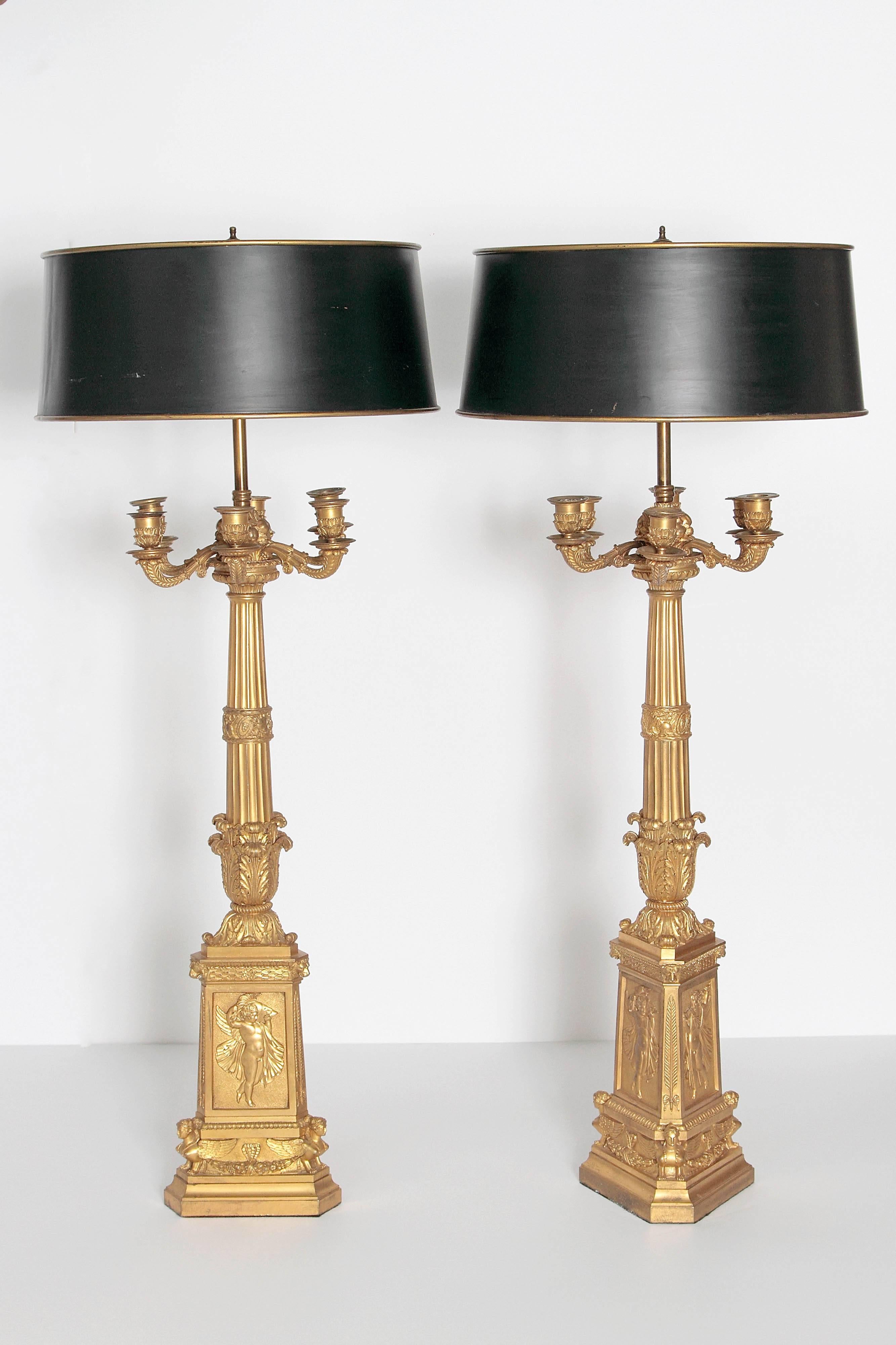 Gilt Pair of Tall French Empire Bronze Doré Six-Arm Candelabra as Lamps For Sale