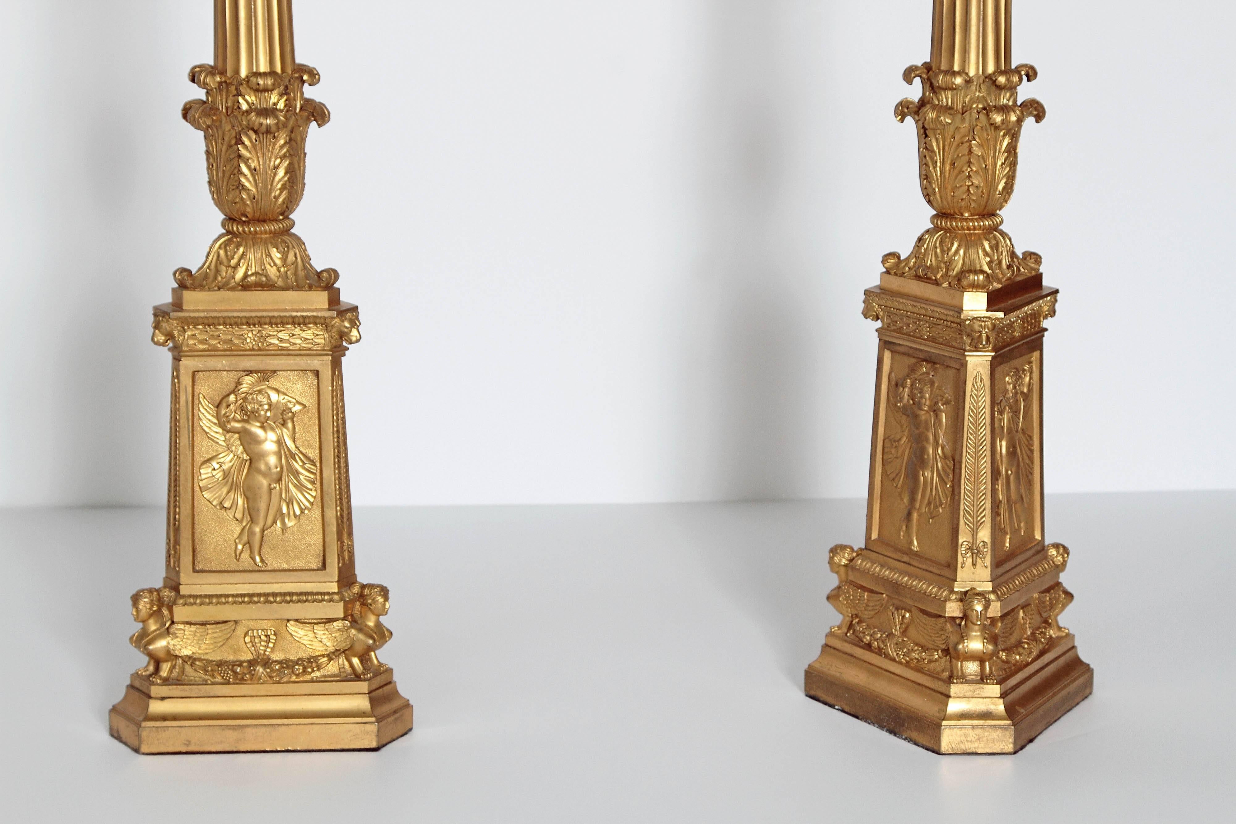 Pair of Tall French Empire Bronze Doré Six-Arm Candelabra as Lamps In Good Condition For Sale In Dallas, TX