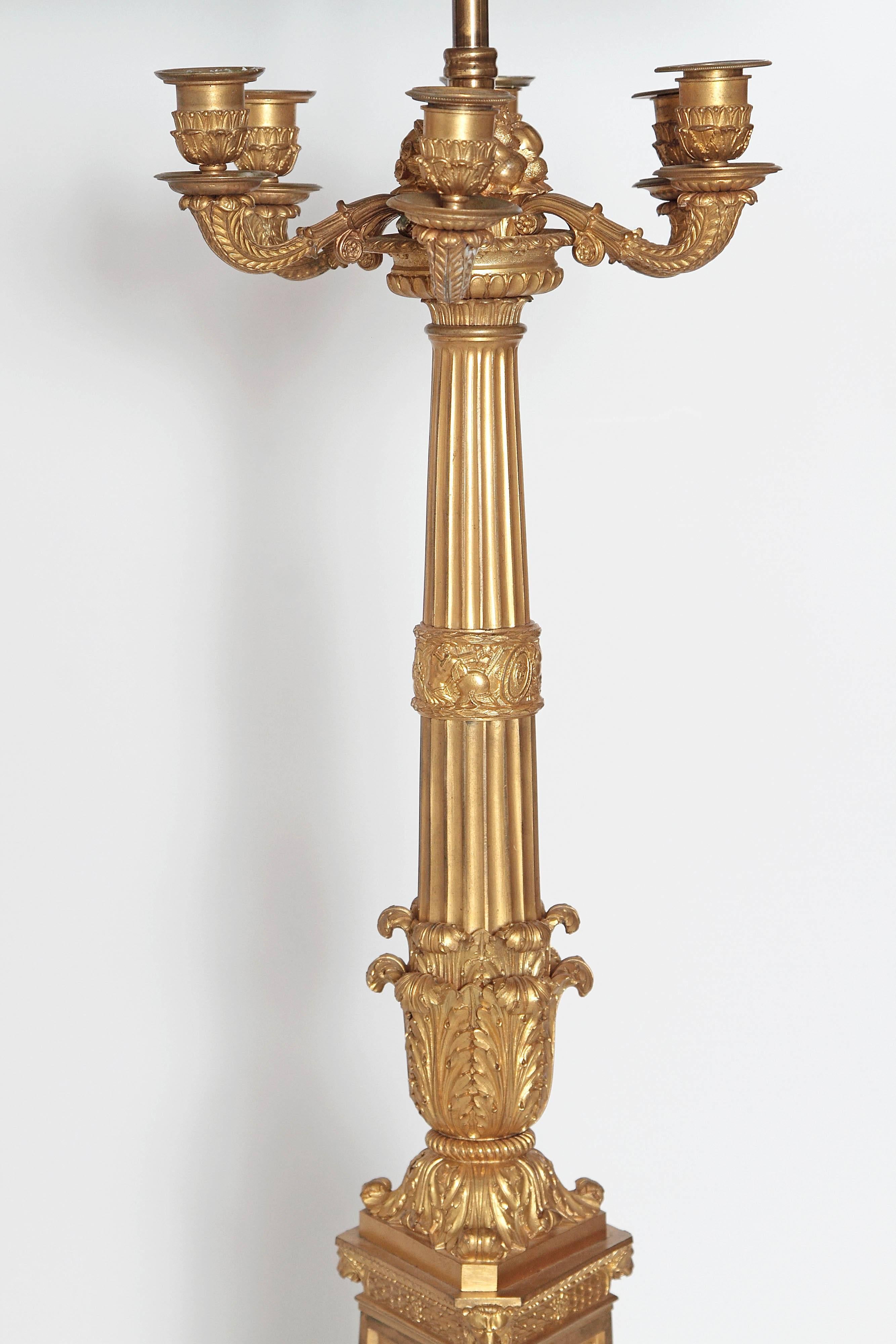 Early 19th Century Pair of Tall French Empire Bronze Doré Six-Arm Candelabra as Lamps For Sale