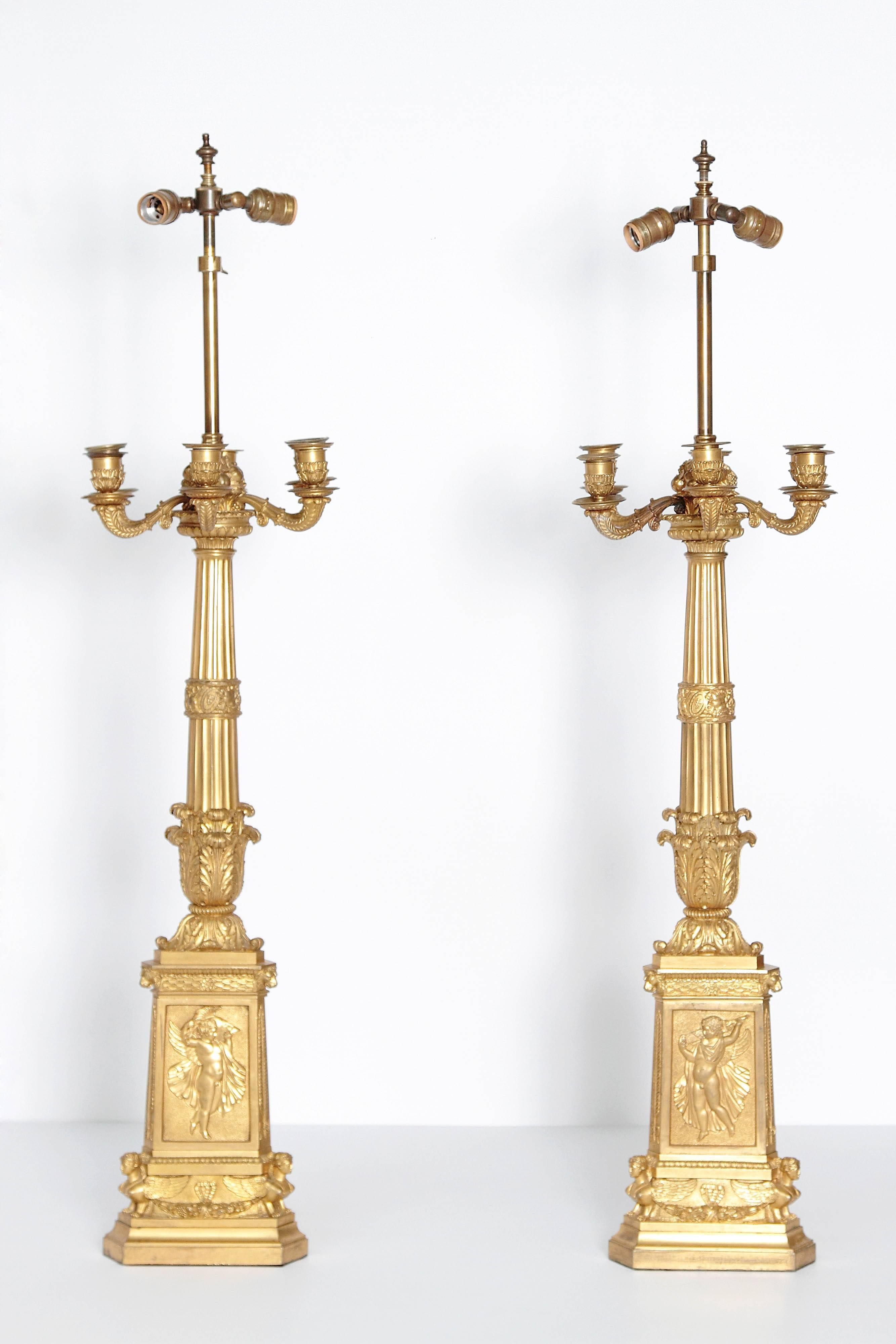 Pair of Tall French Empire Bronze Doré Six-Arm Candelabra as Lamps For Sale 5