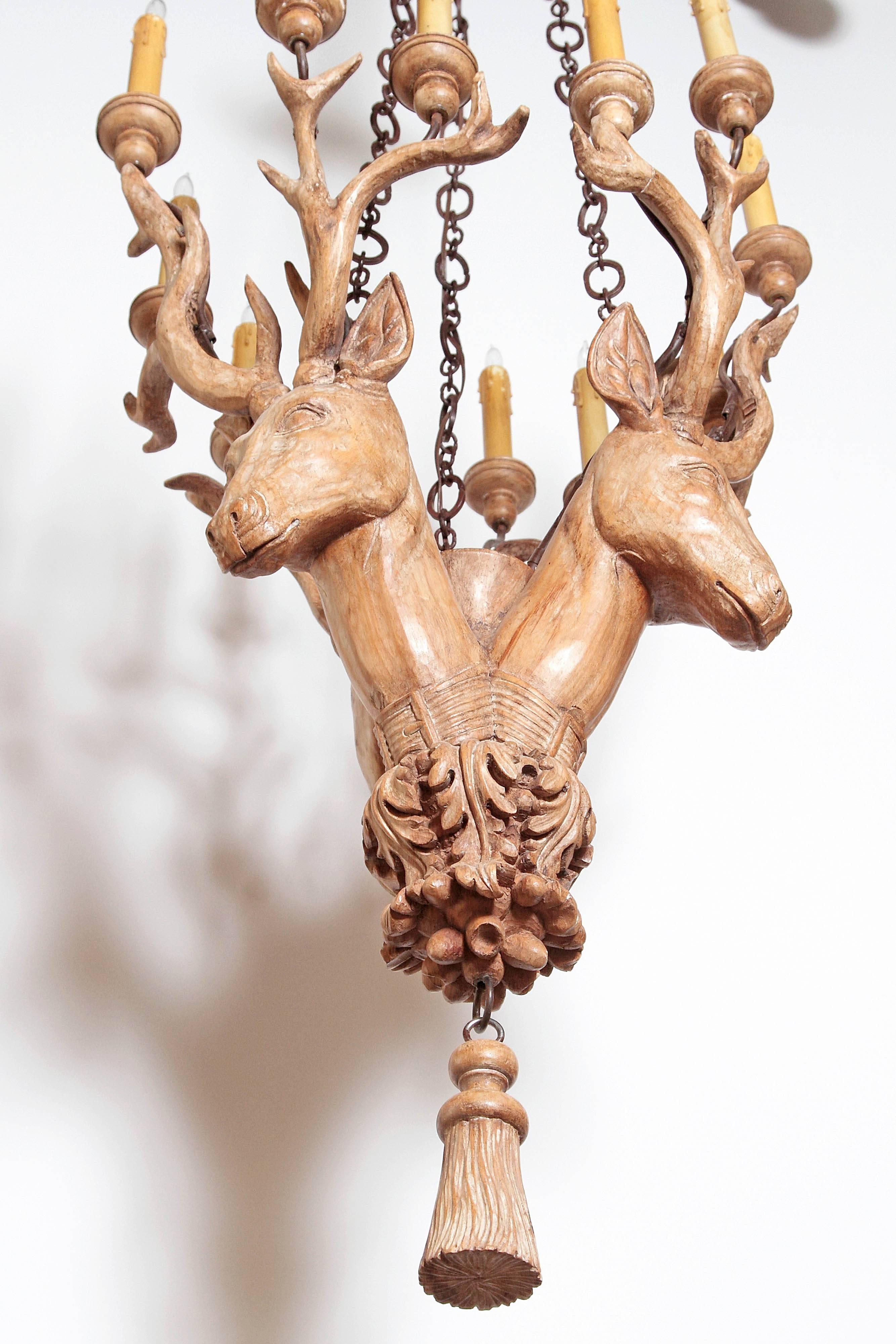 Adirondack Carved Wooden Stag's Heads Chandelier / Vintage Niermann Weeks