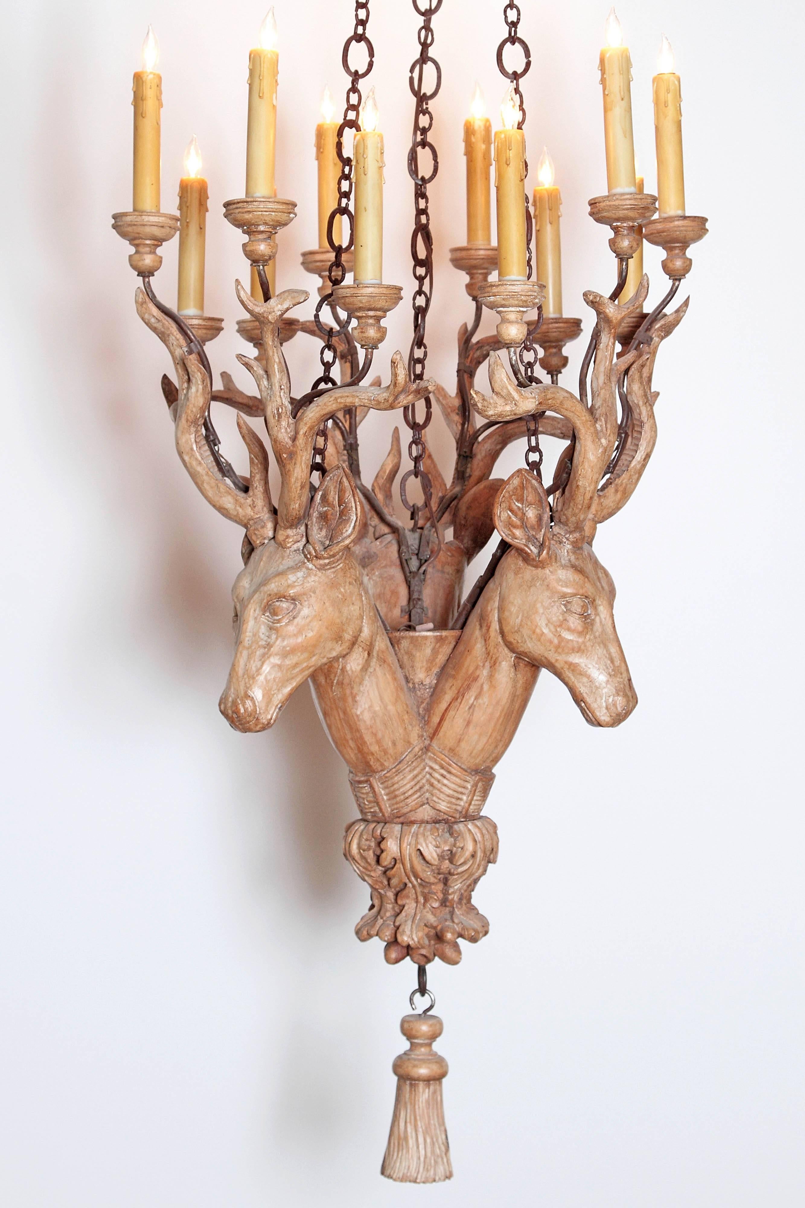 Late 20th Century Carved Wooden Stag's Heads Chandelier / Vintage Niermann Weeks