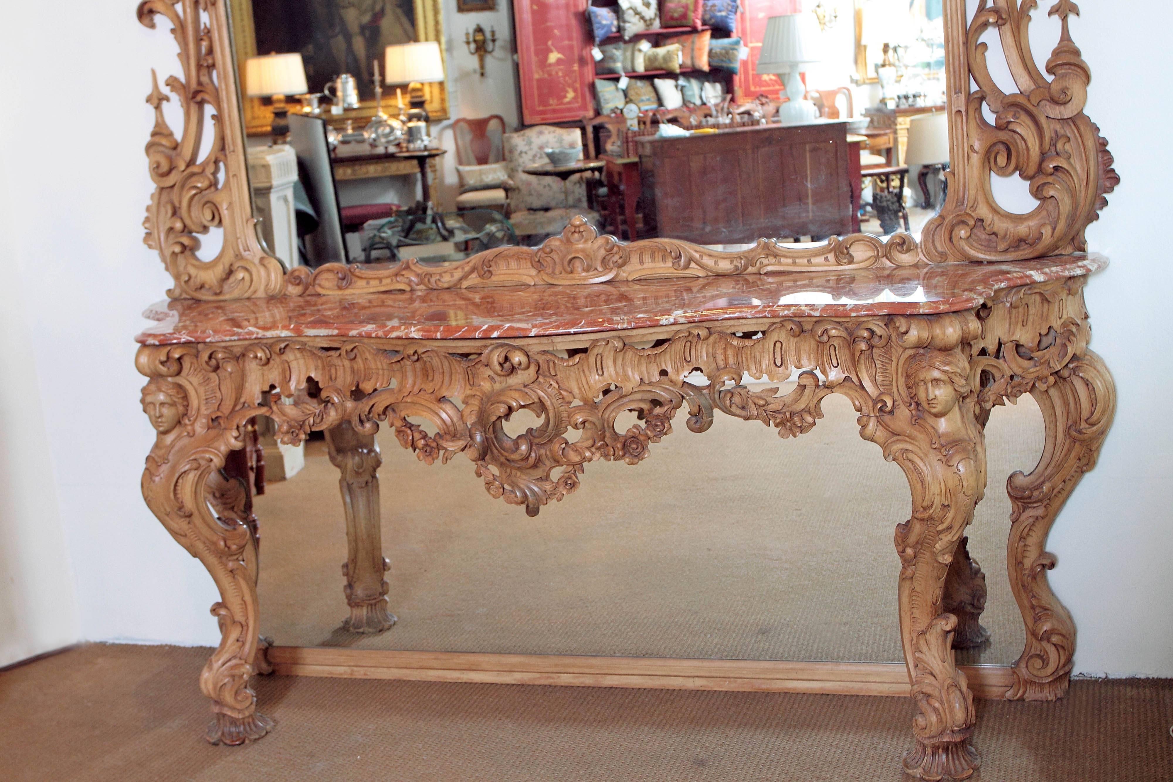 Chippendale George III Irish Rococo Style Carved Pine Pier Mirror and Matching Console