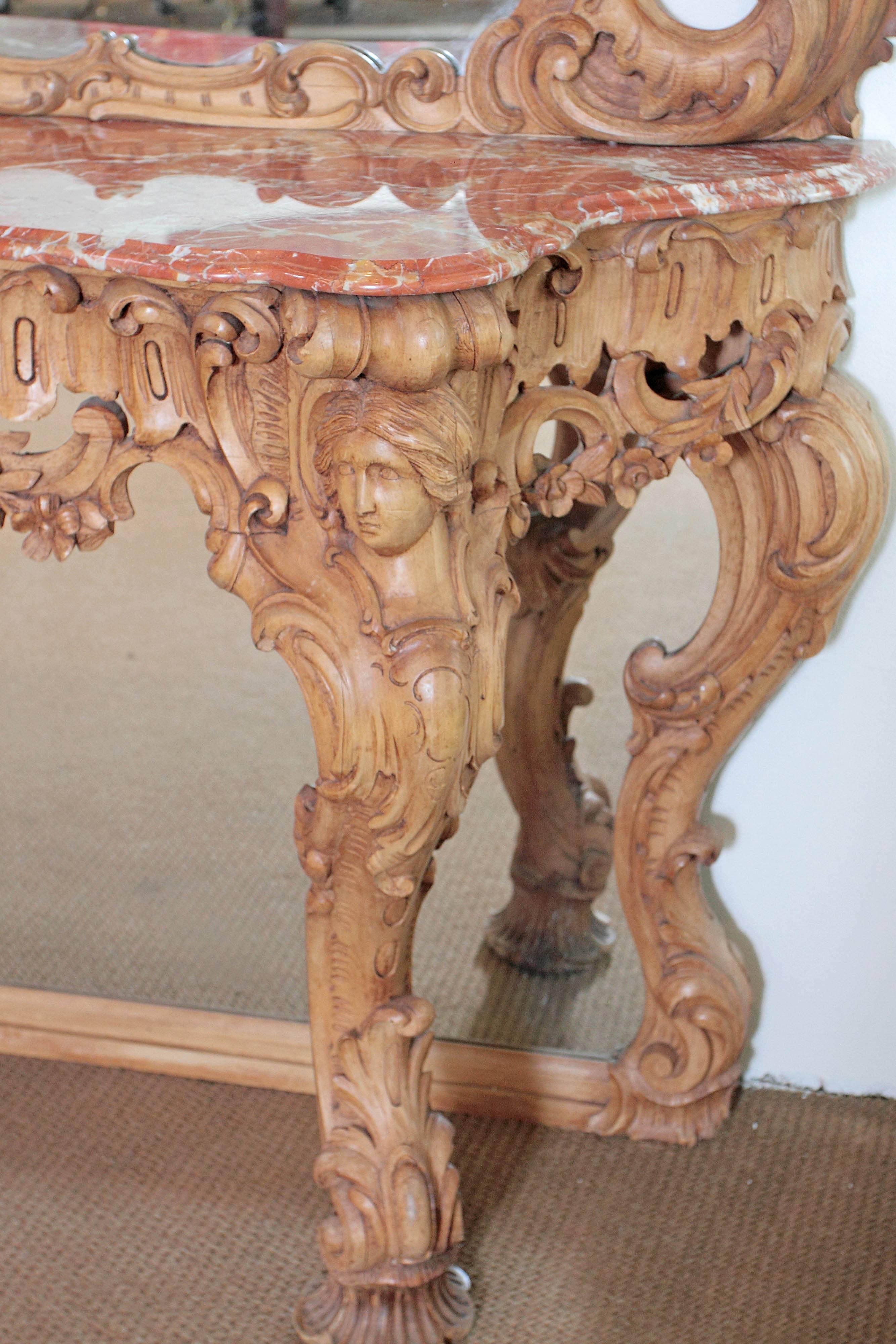 Mid-19th Century George III Irish Rococo Style Carved Pine Pier Mirror and Matching Console